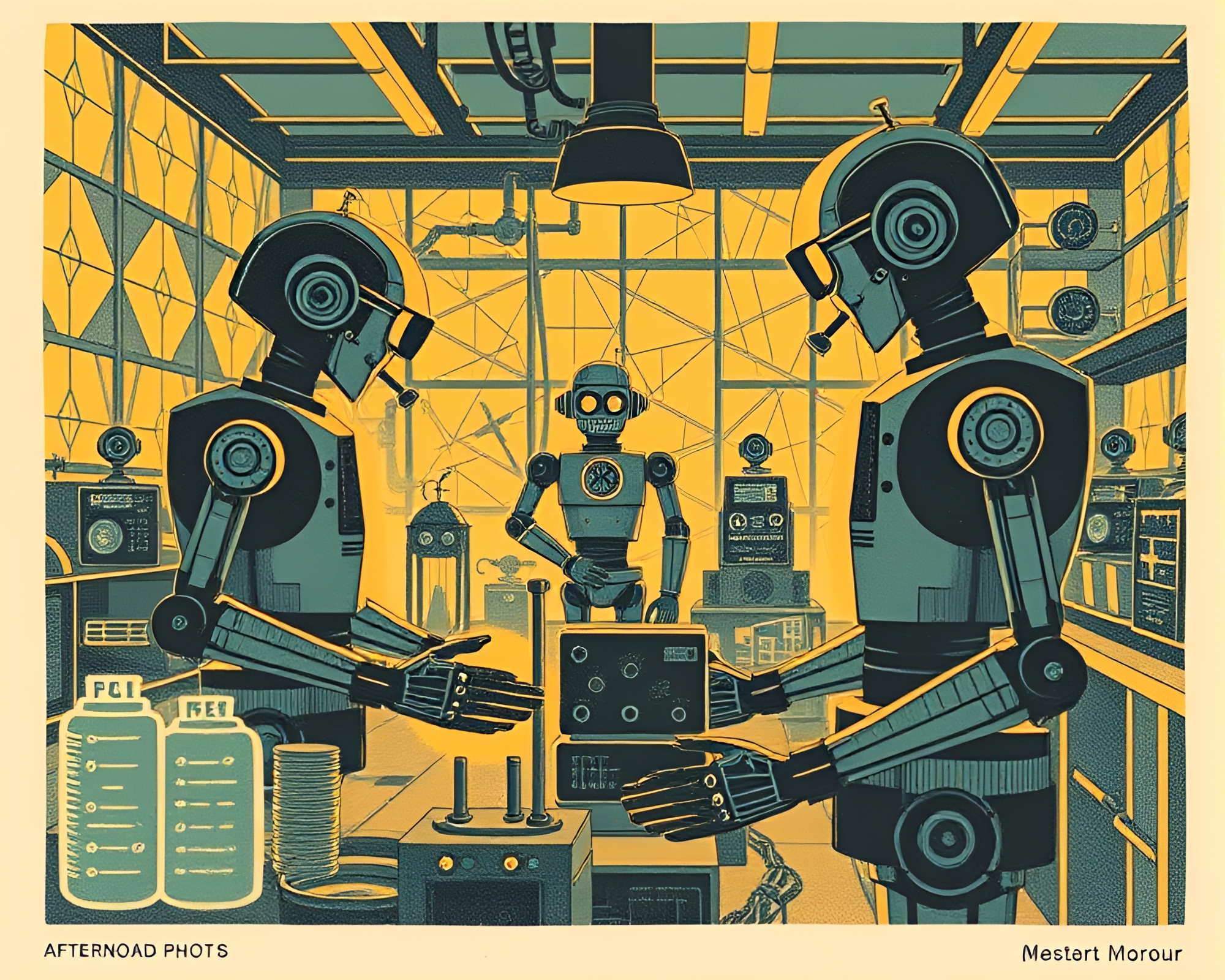 Robotic Laboratory Woodcut Print with Geometric Patterns – free AI stock image