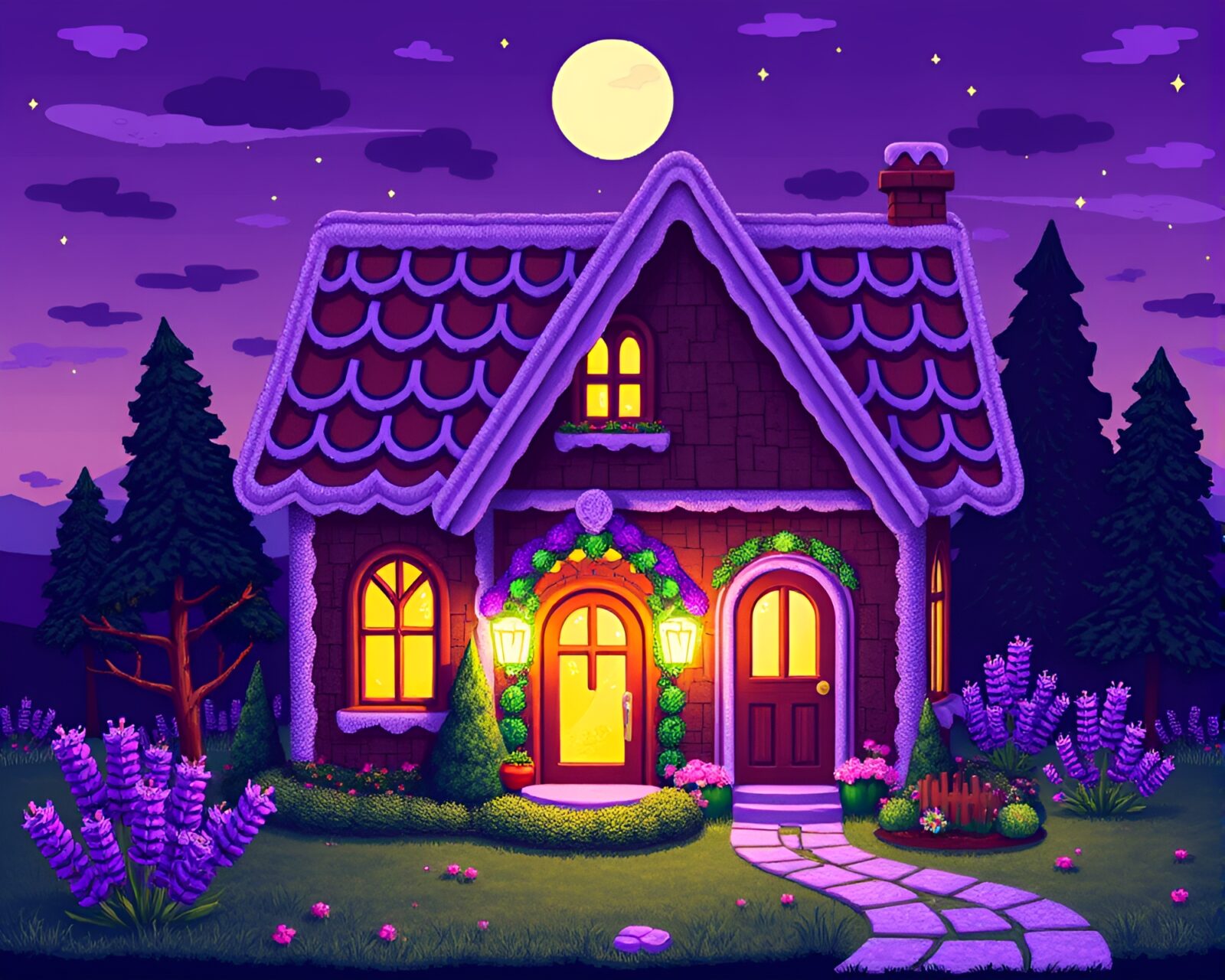 Pixel art gingerbread house silhouetted against lavender sky
