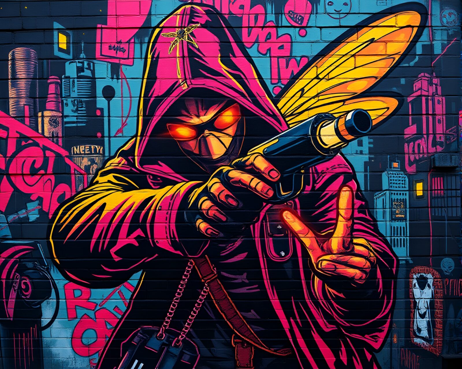 Gritty lithographic graffiti of a cyberpunk figure in neon light