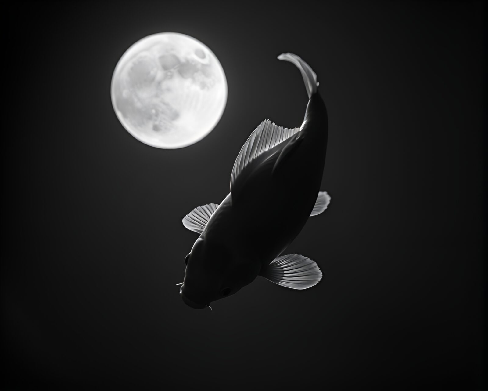 Softly lit lunar grayscale scene with swimming Koi fish