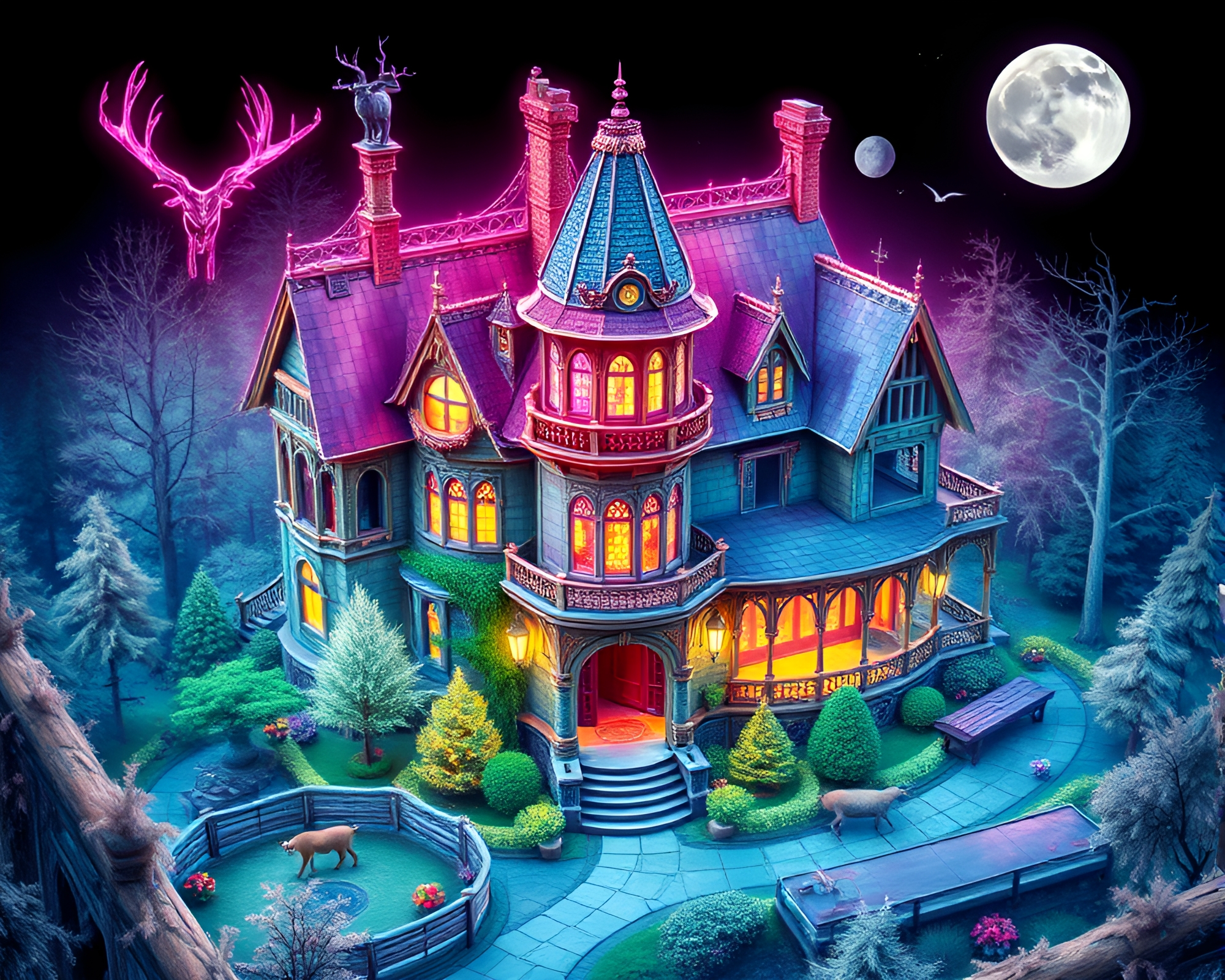 Ethereal Neo-Gothic Mansion Overlooking Wildlife in Watercolor – free AI stock image