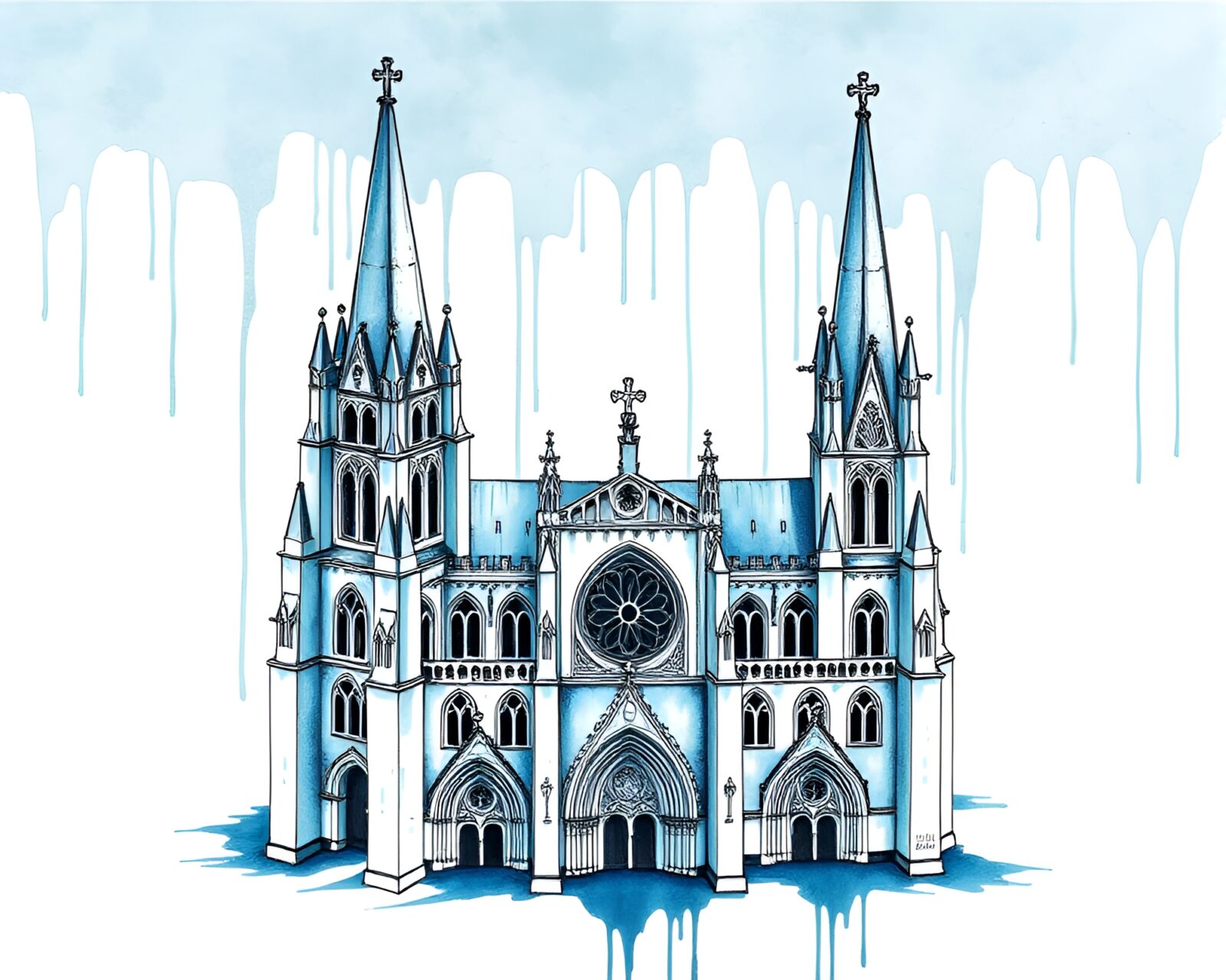 Ink wash drips create a grand Gothic cathedral in blue light