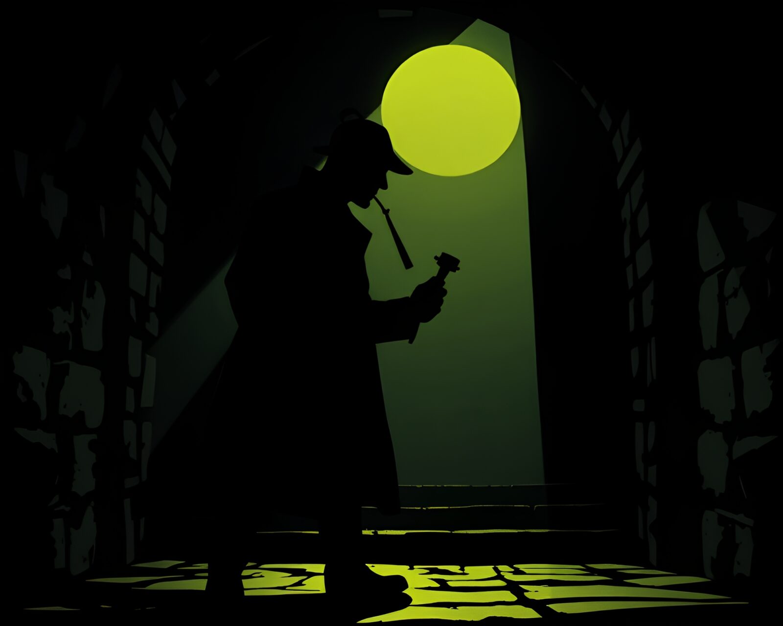 Mysterious silhouette in dungeon lit by torchlight, ASCII style
