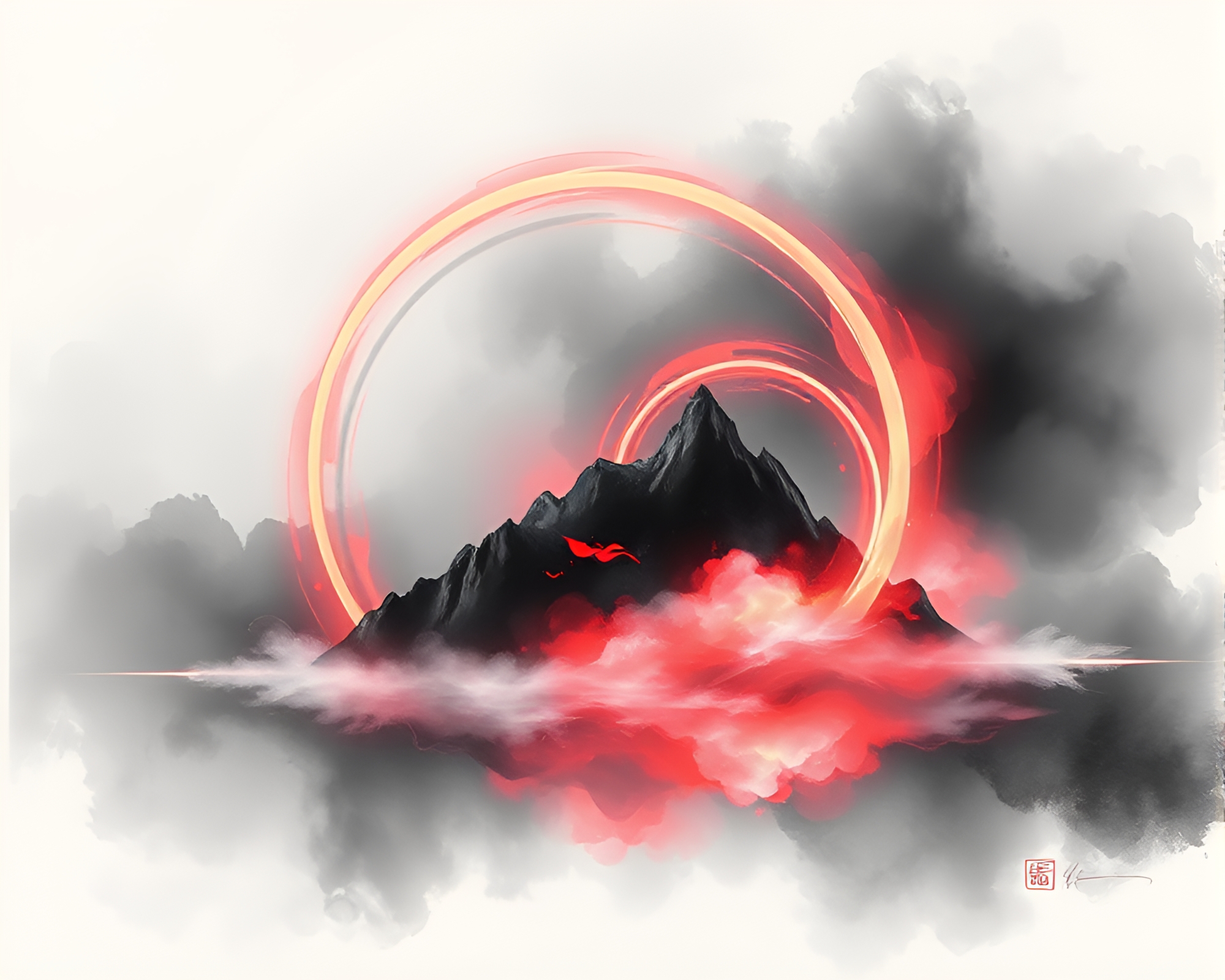 Neon Smoke Rings over Floating Sumi-e Island – free AI stock image