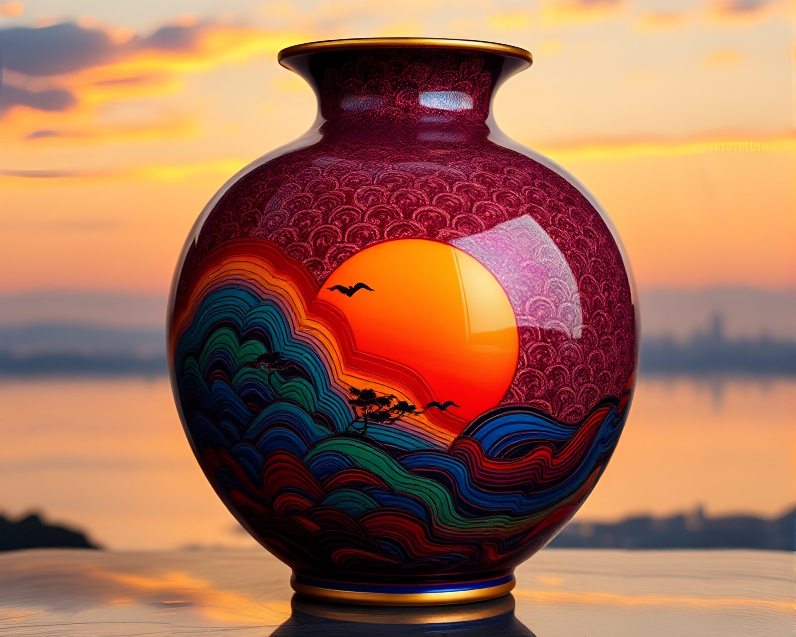 Colorful cloisonné vase reflecting a vibrant oil slick rainbow sunset