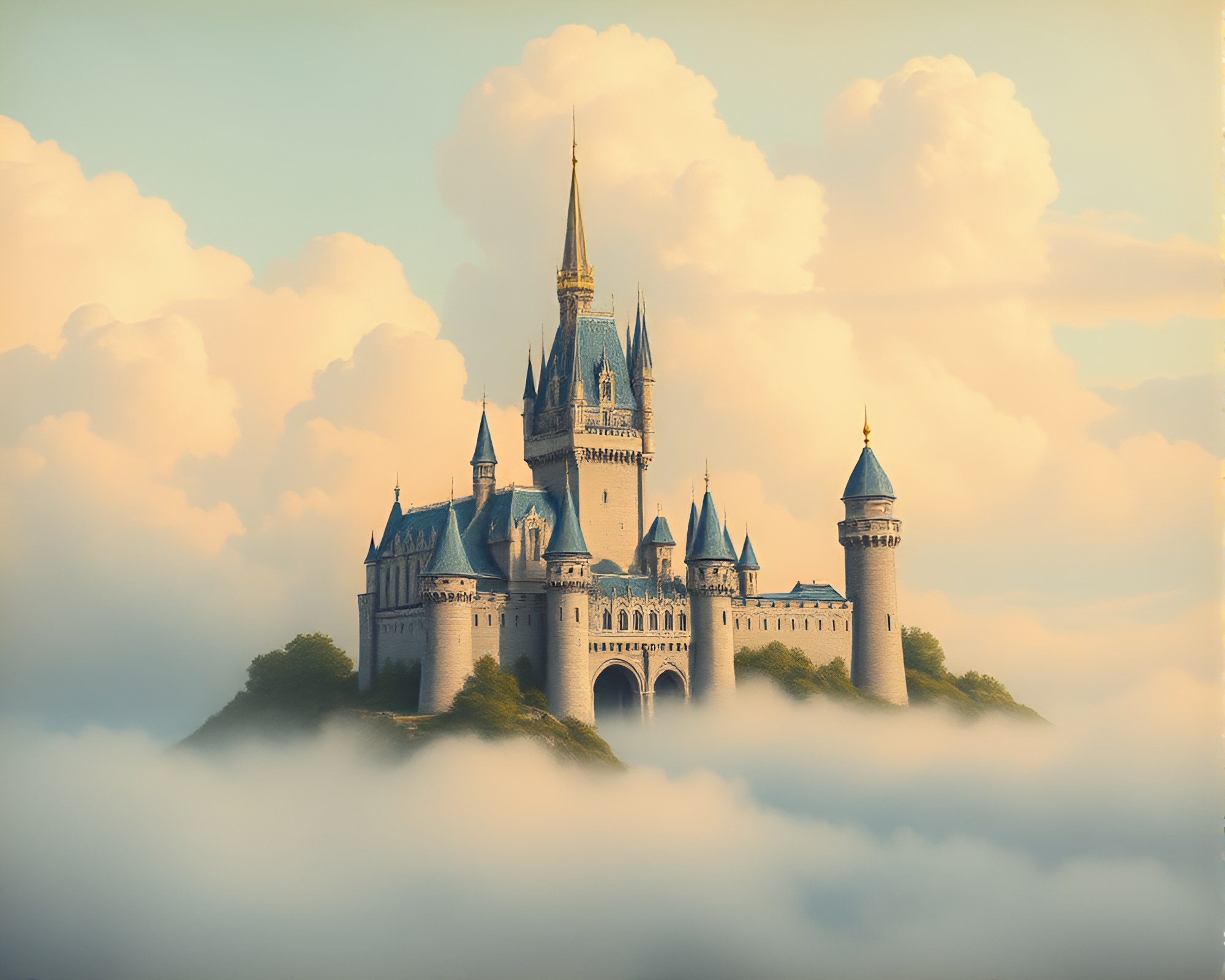 Pastel Castle in the Clouds Etching – free AI stock image