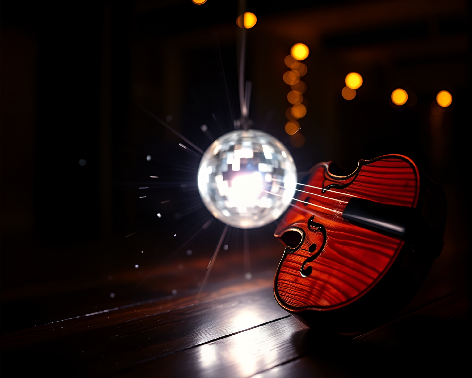 Manga-style Wooden Violin with Crosshatching Disco Ball Glow – free AI stock image