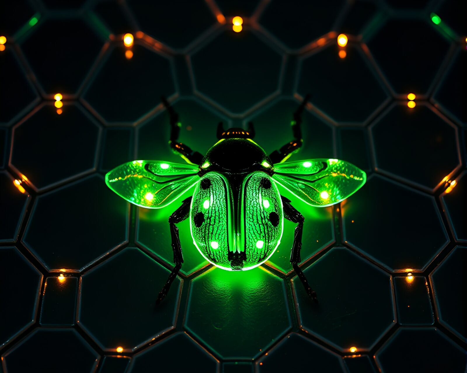 Vibrant neon-lit beetle in a hexagonal fairy light aura