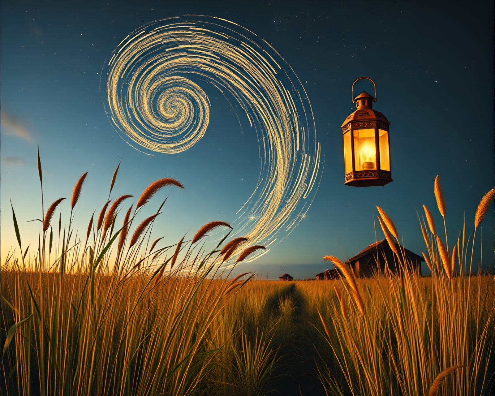 Abstract collage of swirling savannah grass under lantern light