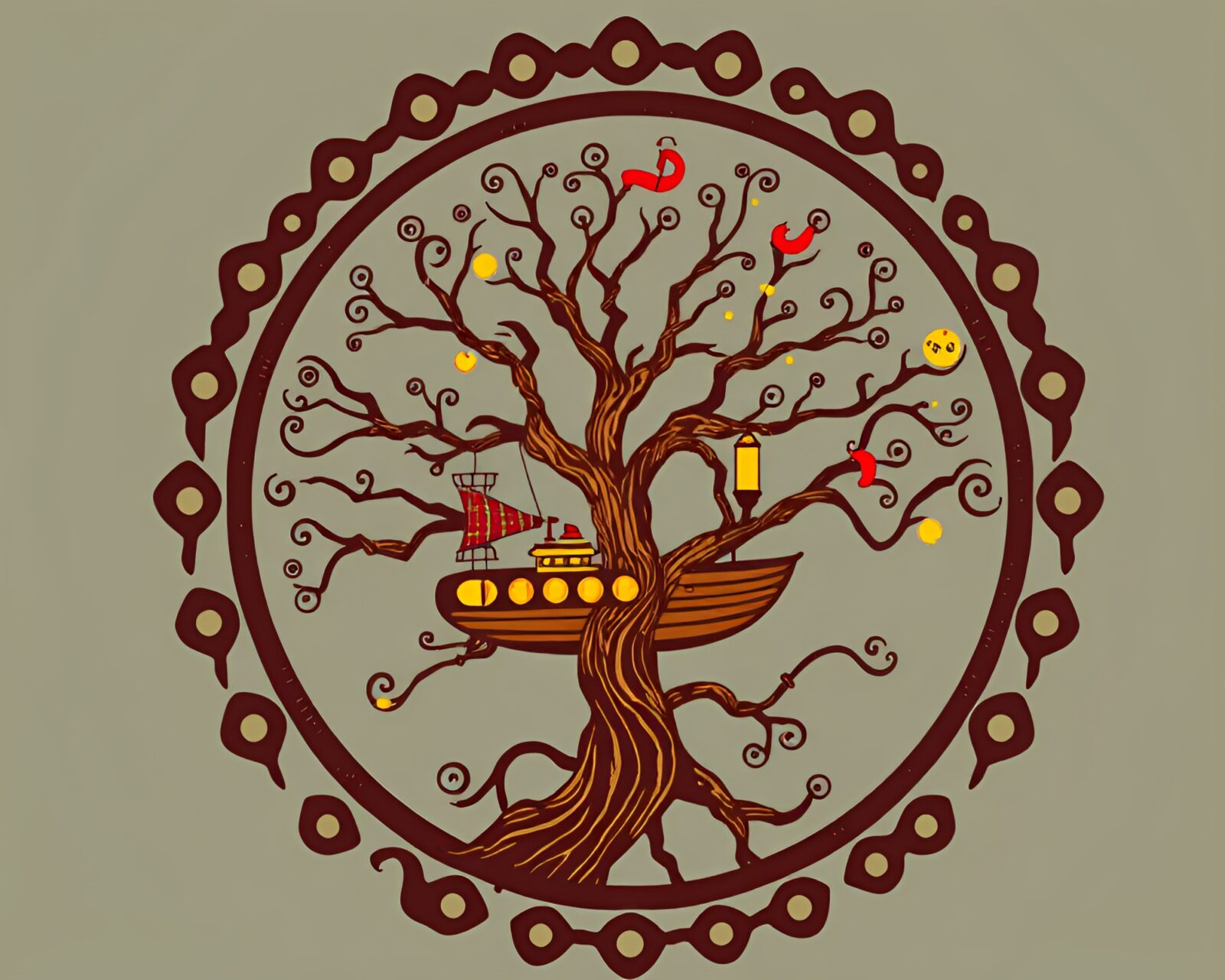 Colorful retro cartoon image of steampunk airship in tree ring pattern