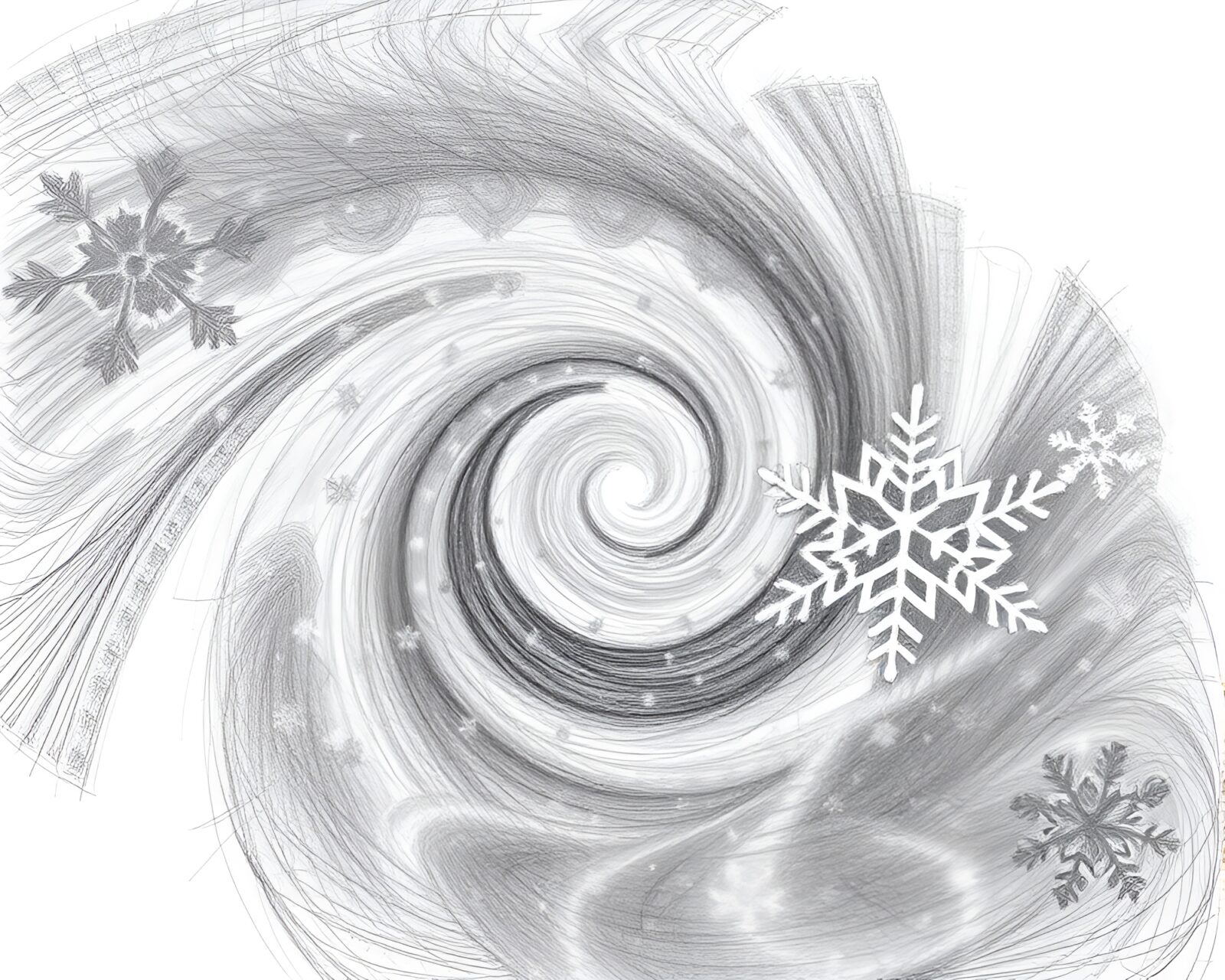 Intricate pencil sketch of swirling psychedelic snowflakes with soft shadows