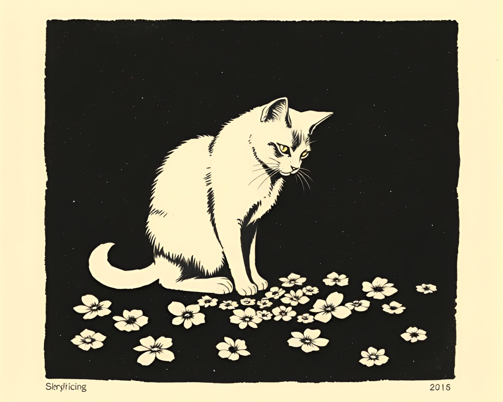 Schrodinger's cat among flower petals in shadowy attic