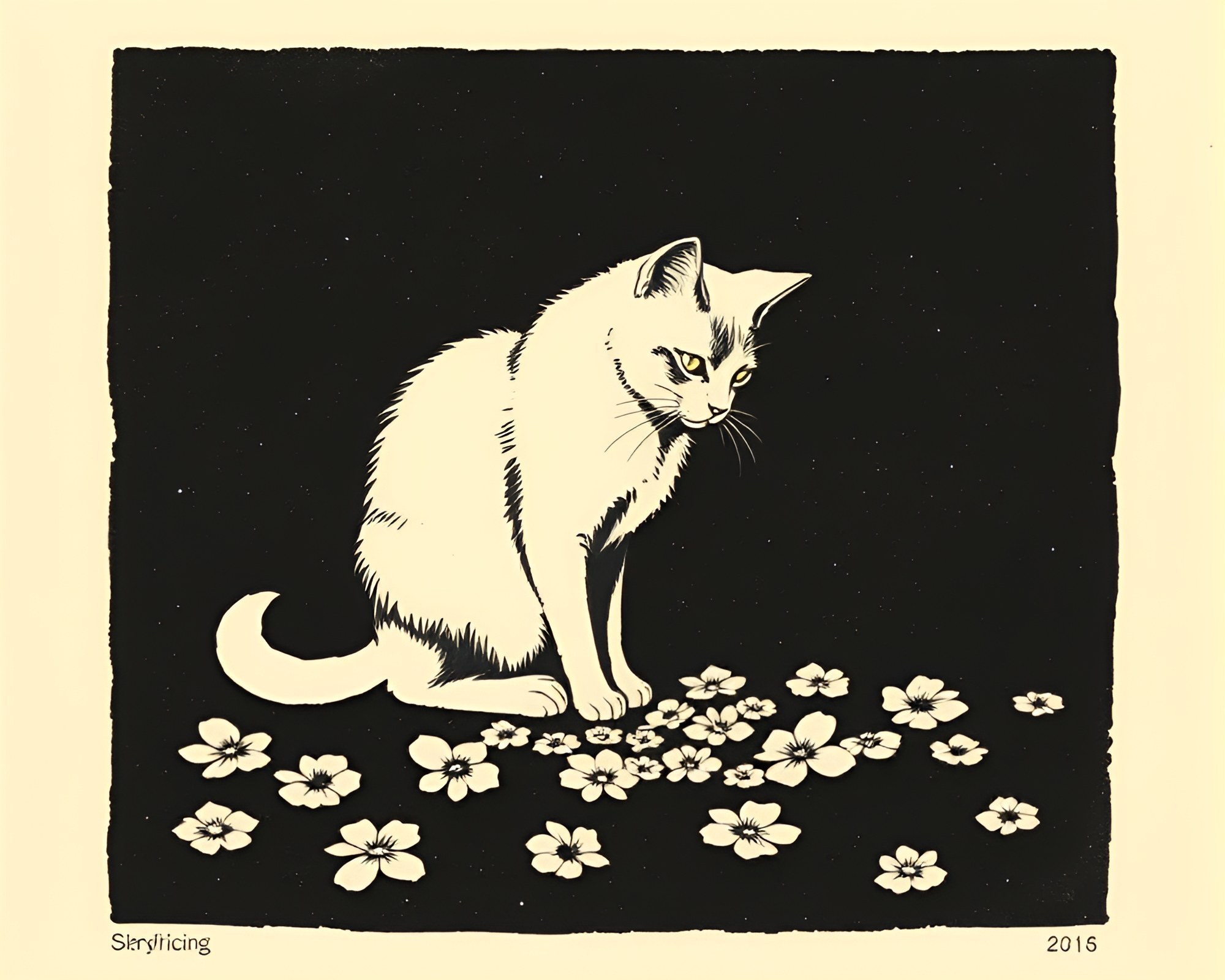 Schrodinger’s Cat in Attic Shadow Linocut Print – free AI stock image