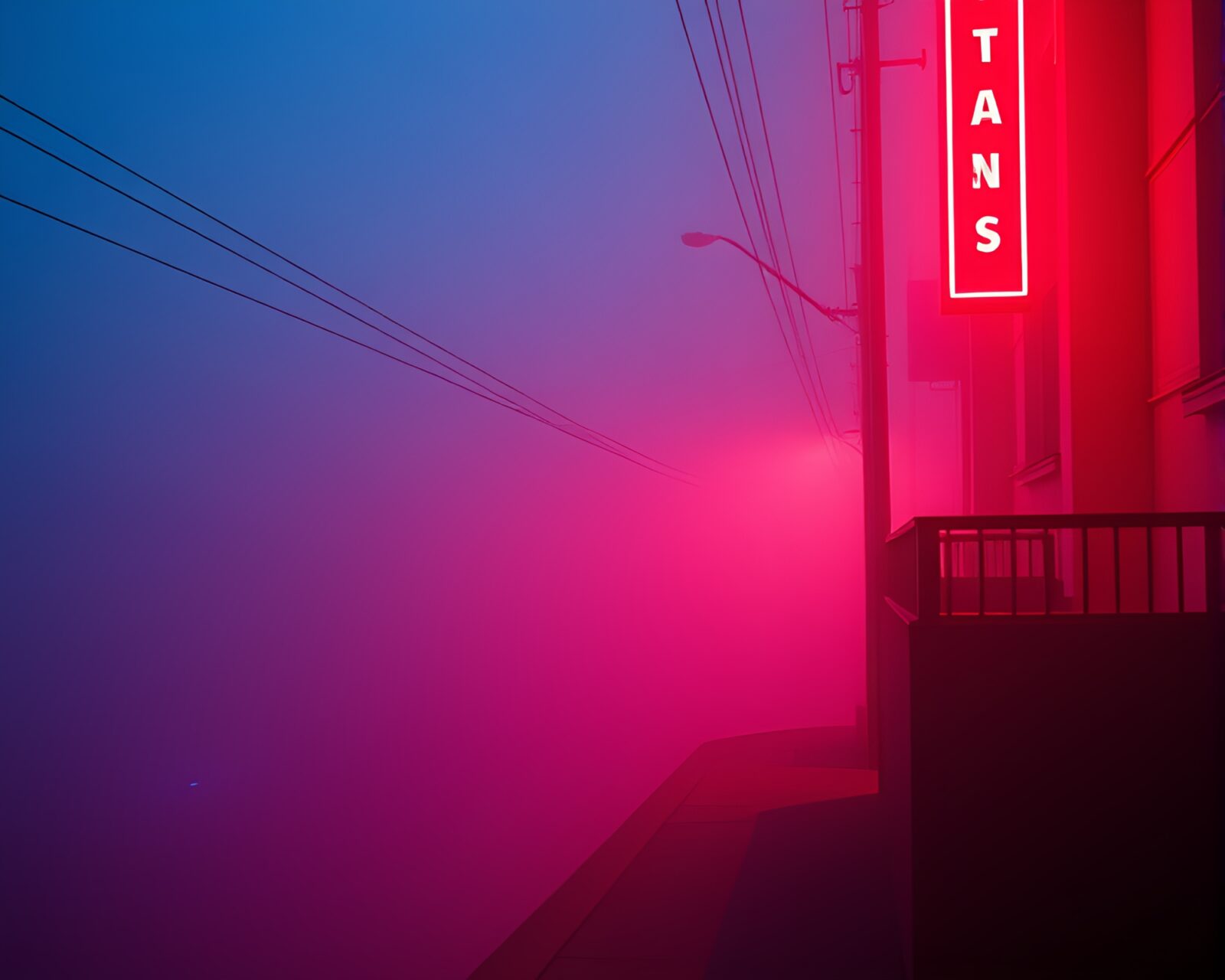 Sgraffito style art of city skyline with vibrant neon lights through fog