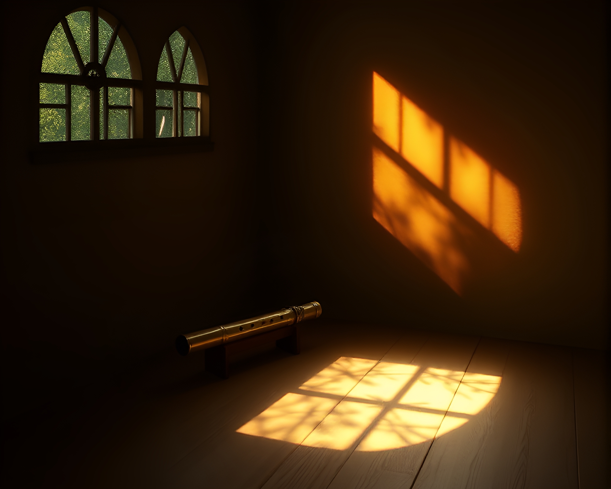 Gilded Bamboo Flute in Attic Shadows – free AI stock image