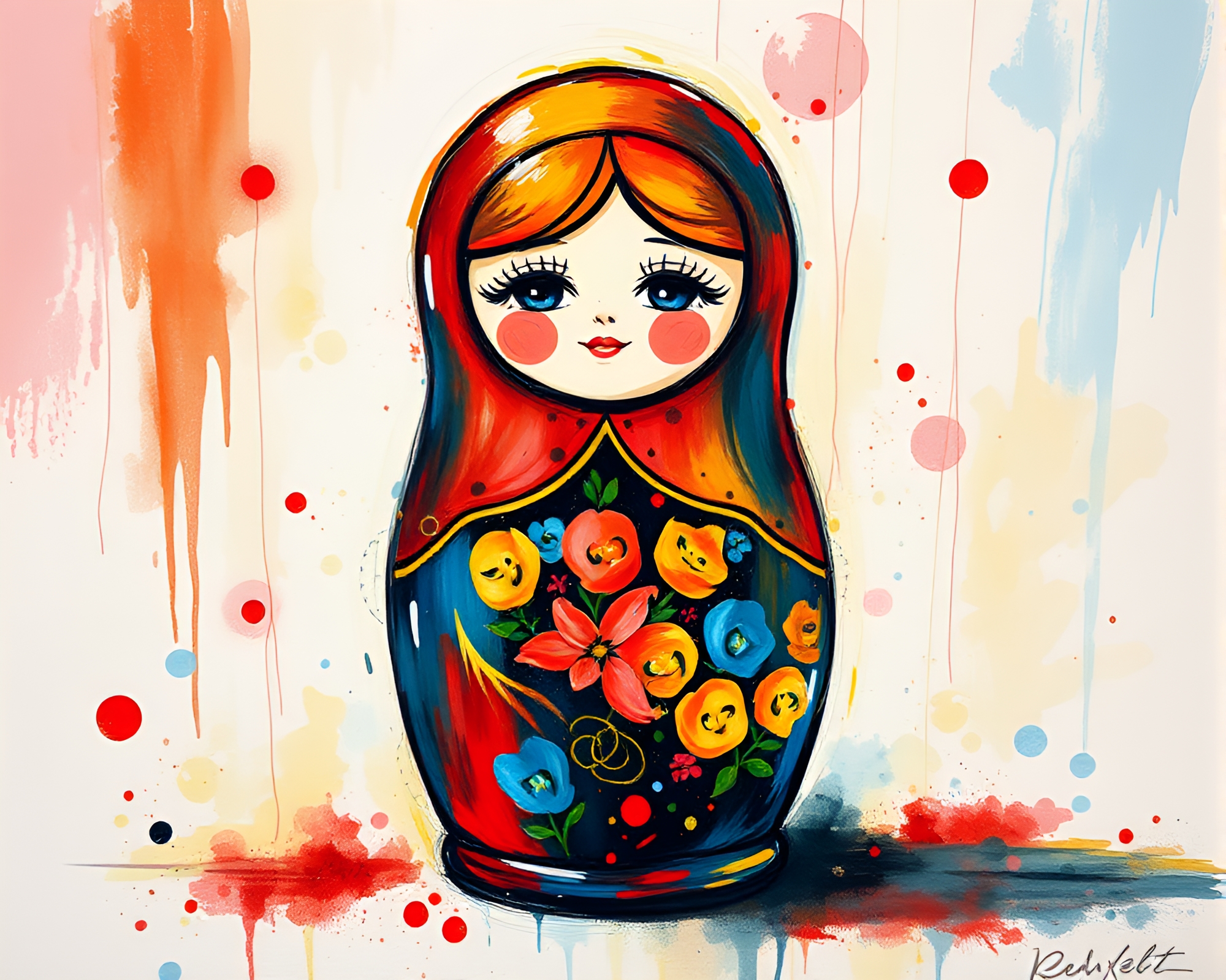 Impressionist Matryoshka Doll Amid Acrylic Spatters – free AI stock image