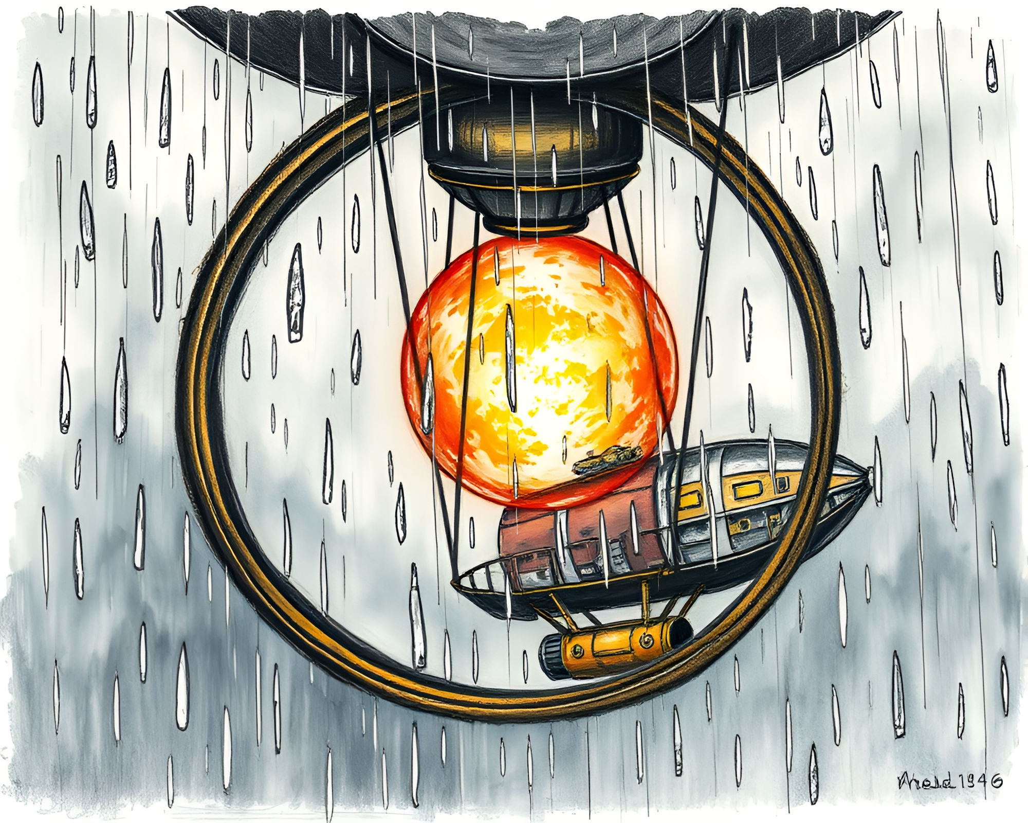 Steampunk Airship in Rain Droplets Conté Crayon Drawing – free AI stock image