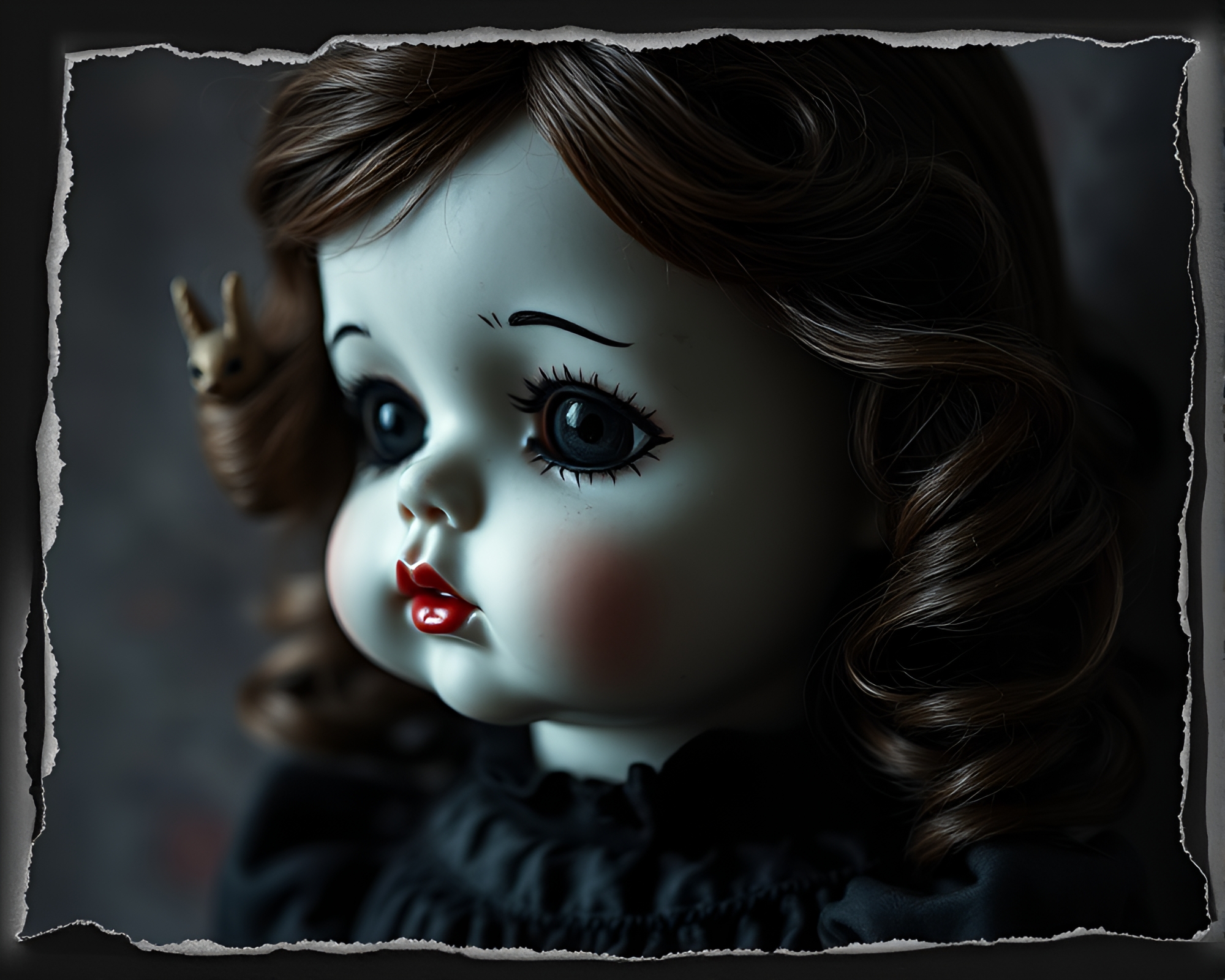 Dark Charcoal Porcelain Doll with Torn Edges Composition – free AI stock image