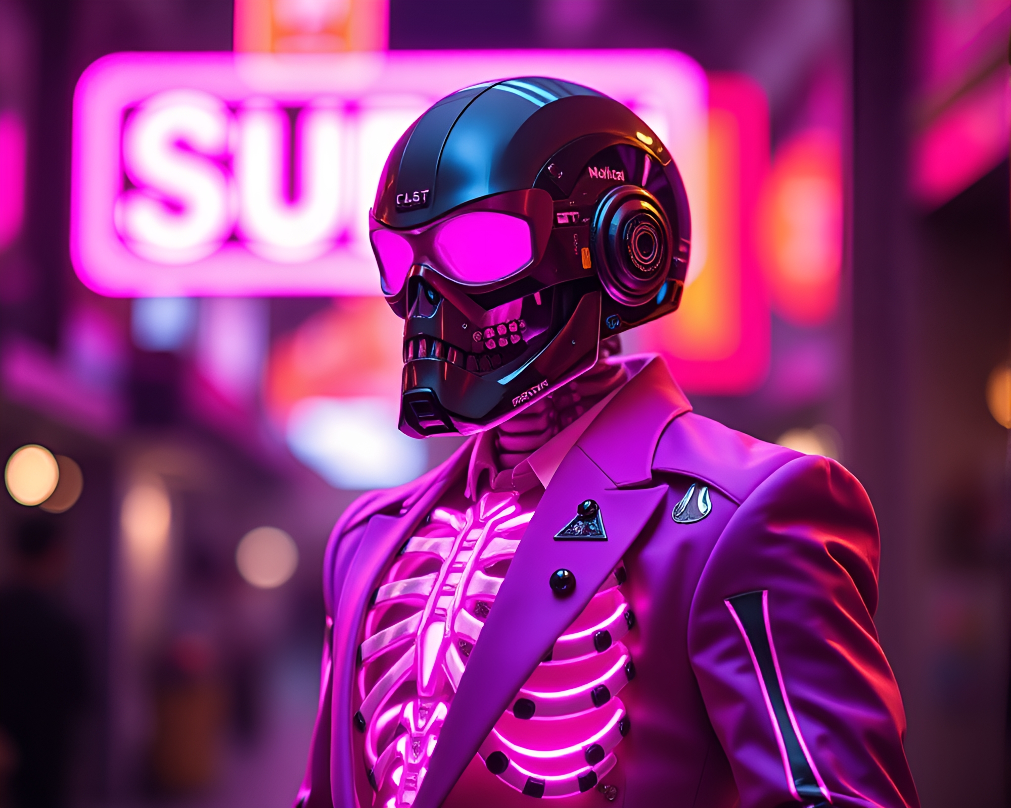 Neon Exoskeleton Suit Bokeh Foreground Image – free AI stock image