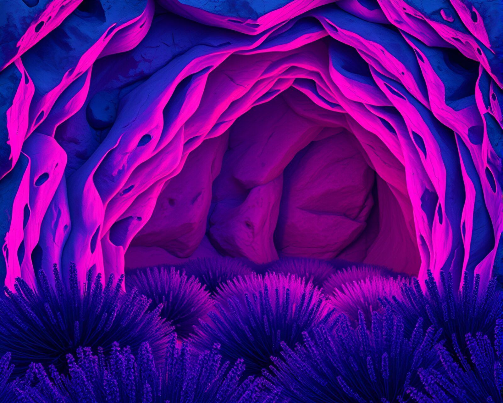 Wide shot of mystical cave art illuminated by neon signs in evening