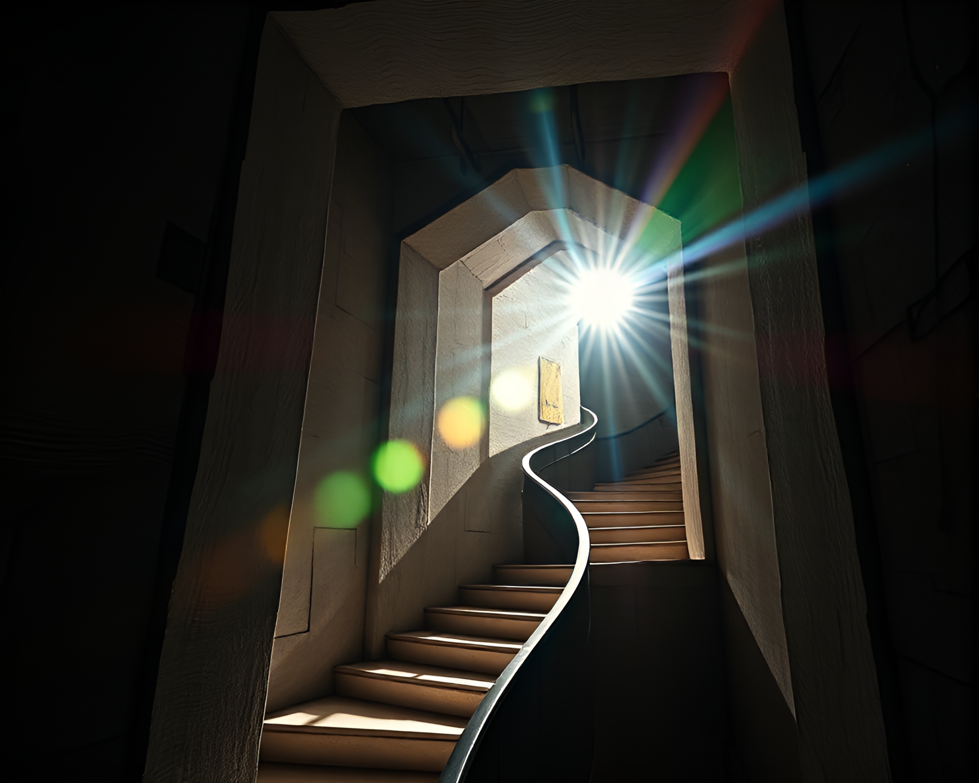 Surreal Escherian Lens Flare Staircase Composition – free AI stock image