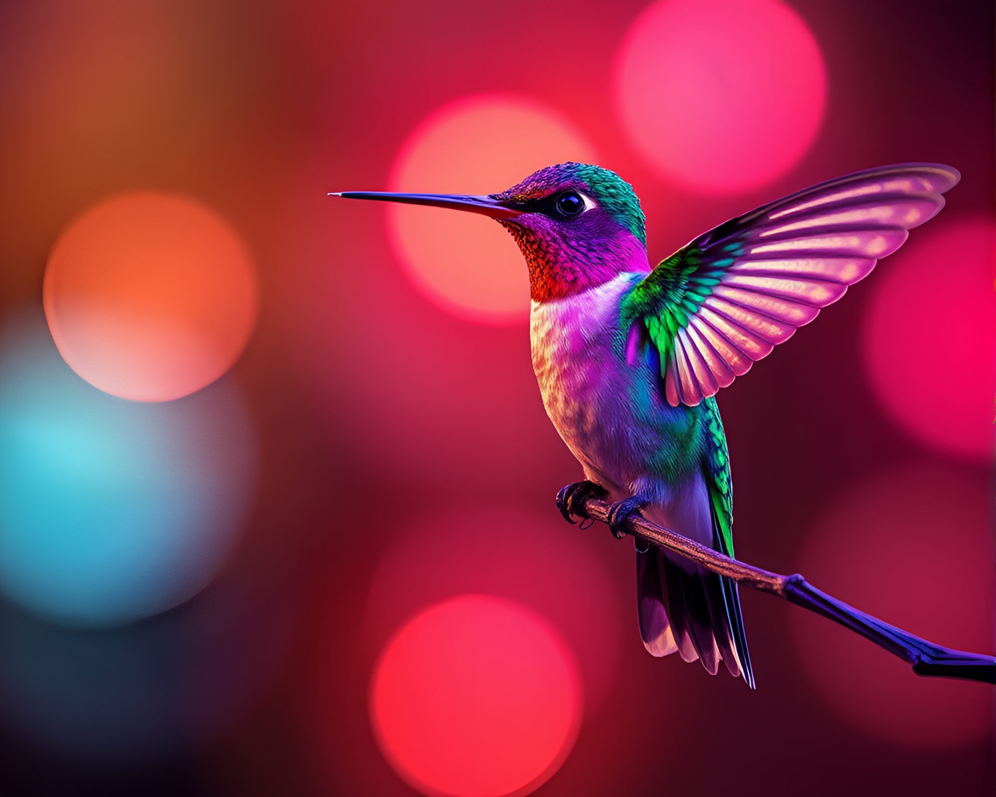 Neon Hummingbird in Crosshatch Aurora Scene – free AI stock image