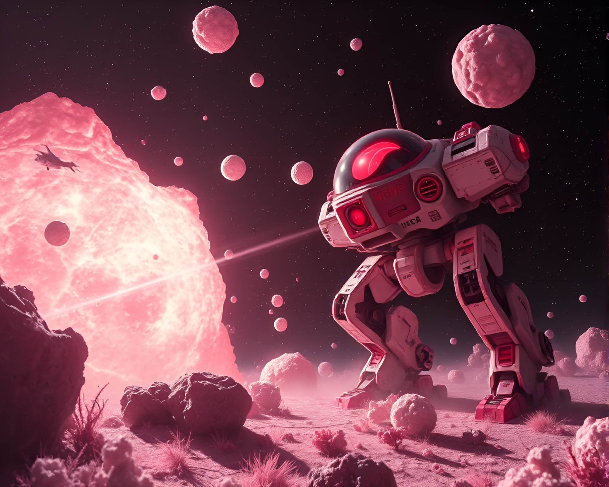Bubble Cluster Battle Mech in Infrared God Rays – free AI stock image