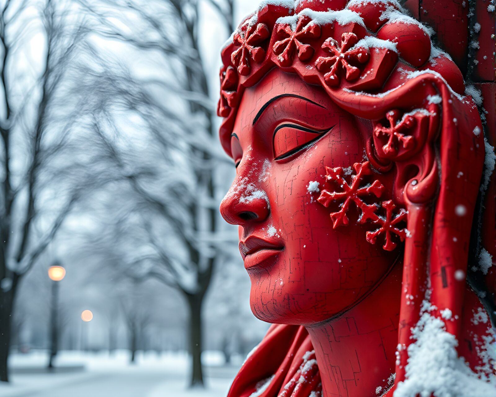 Abstract statue in red light surrounded by snowflakes