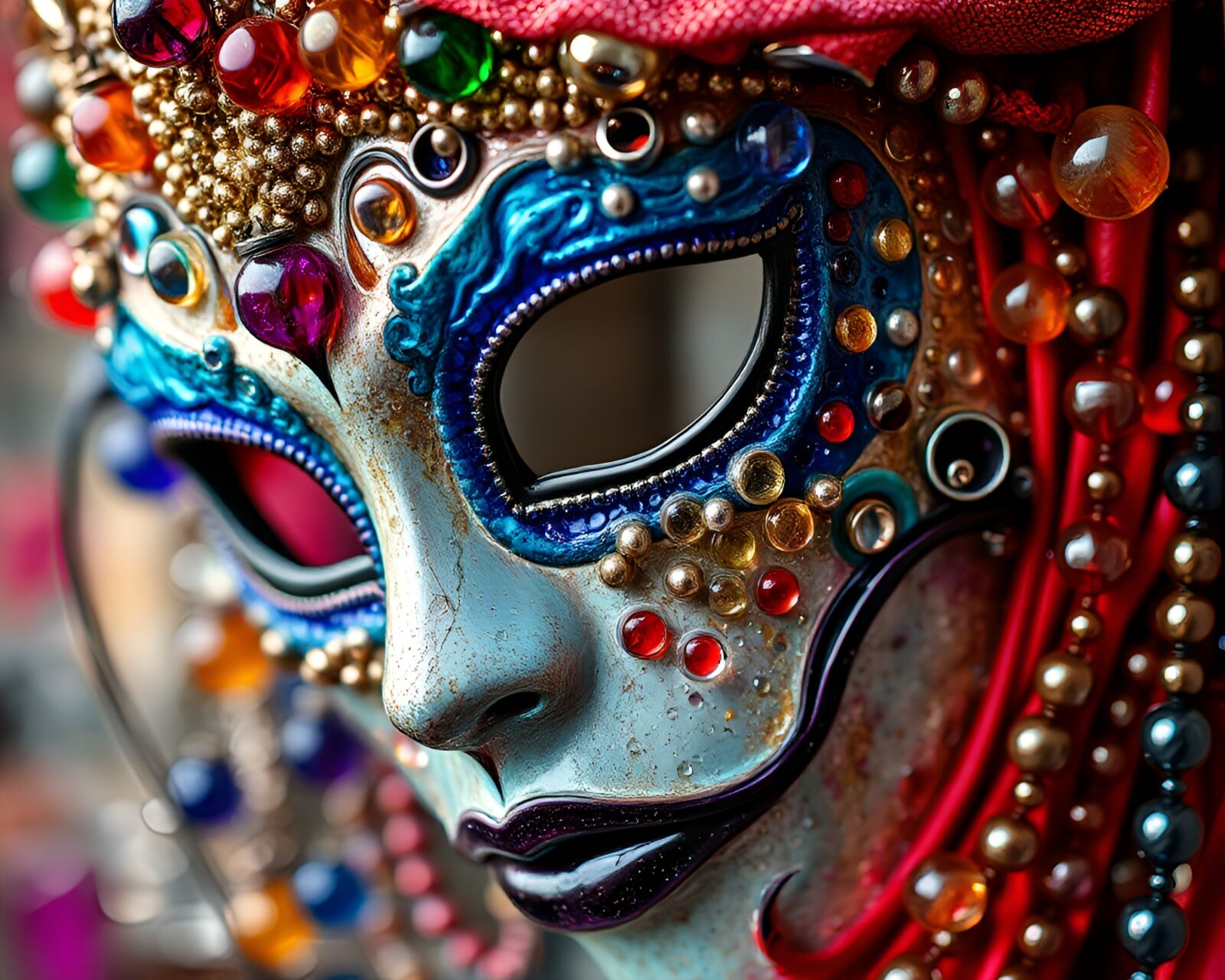 Colorful Venetian mask reflected in shimmering glass beads