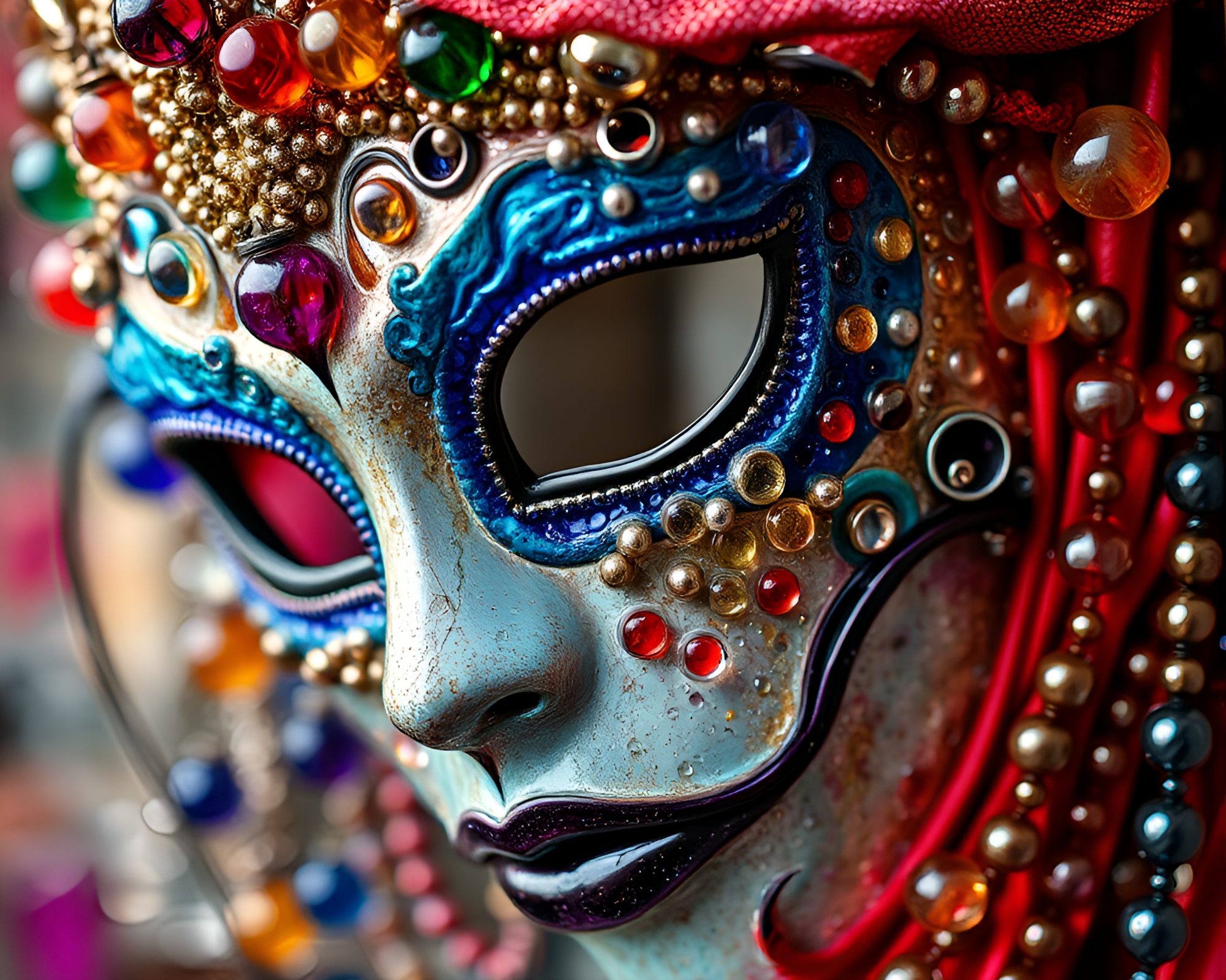 Venetian Mask Reflection in Wet Glass Beads – free AI stock image