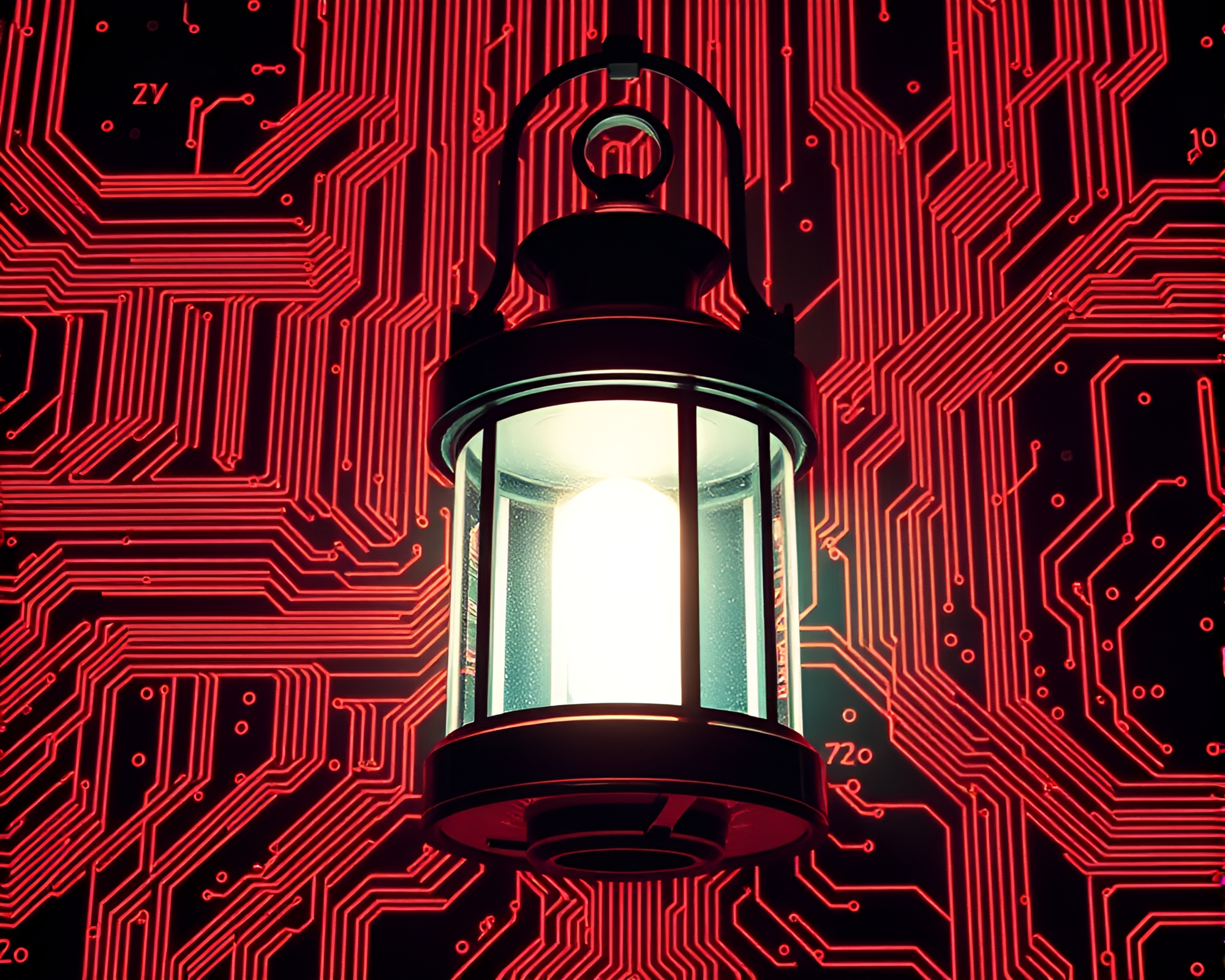 Abstract Circuit Board Traces in Brutalist Lantern Light – free AI stock image