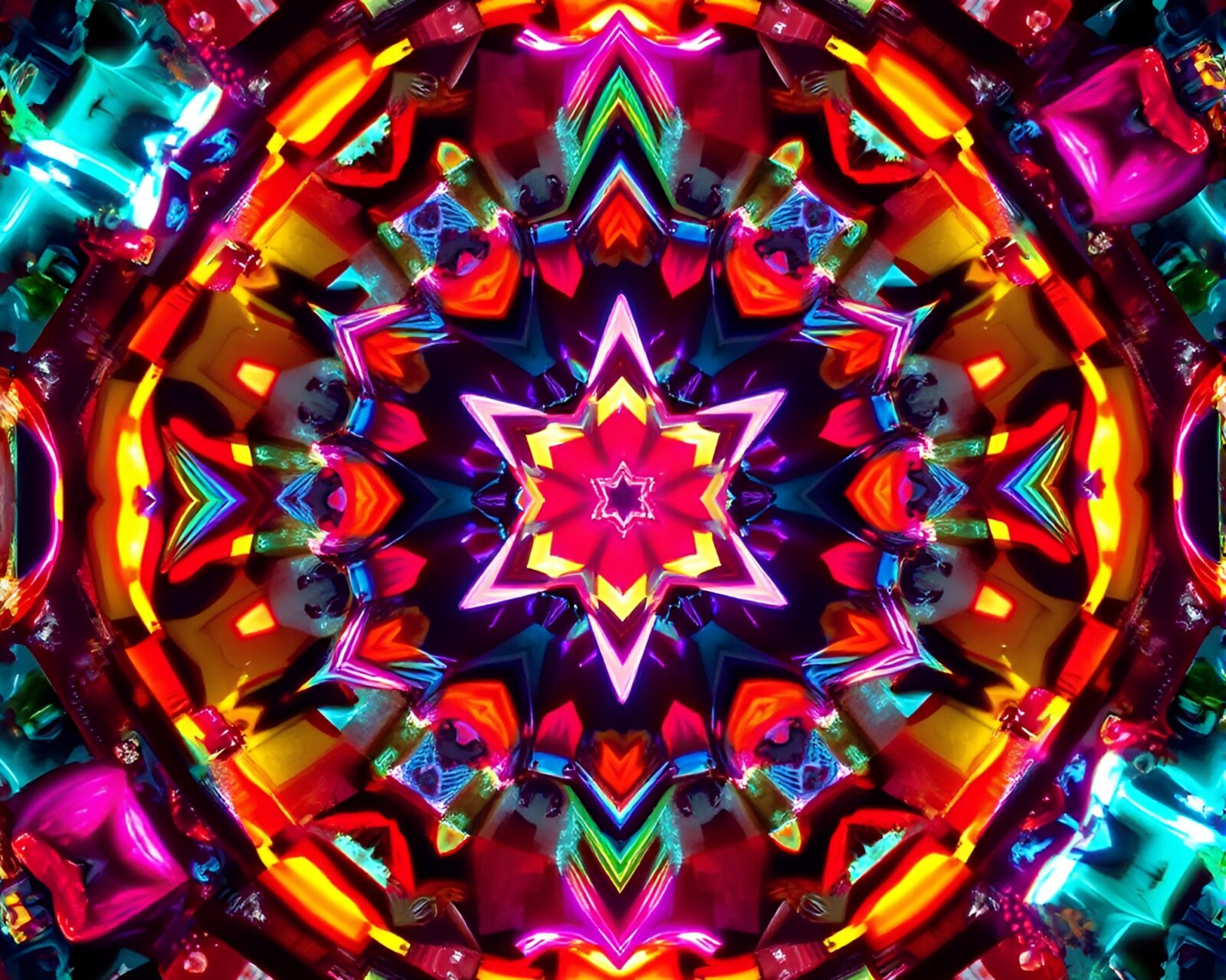 Colorful kaleidoscope fragments forming a neon graffiti golem