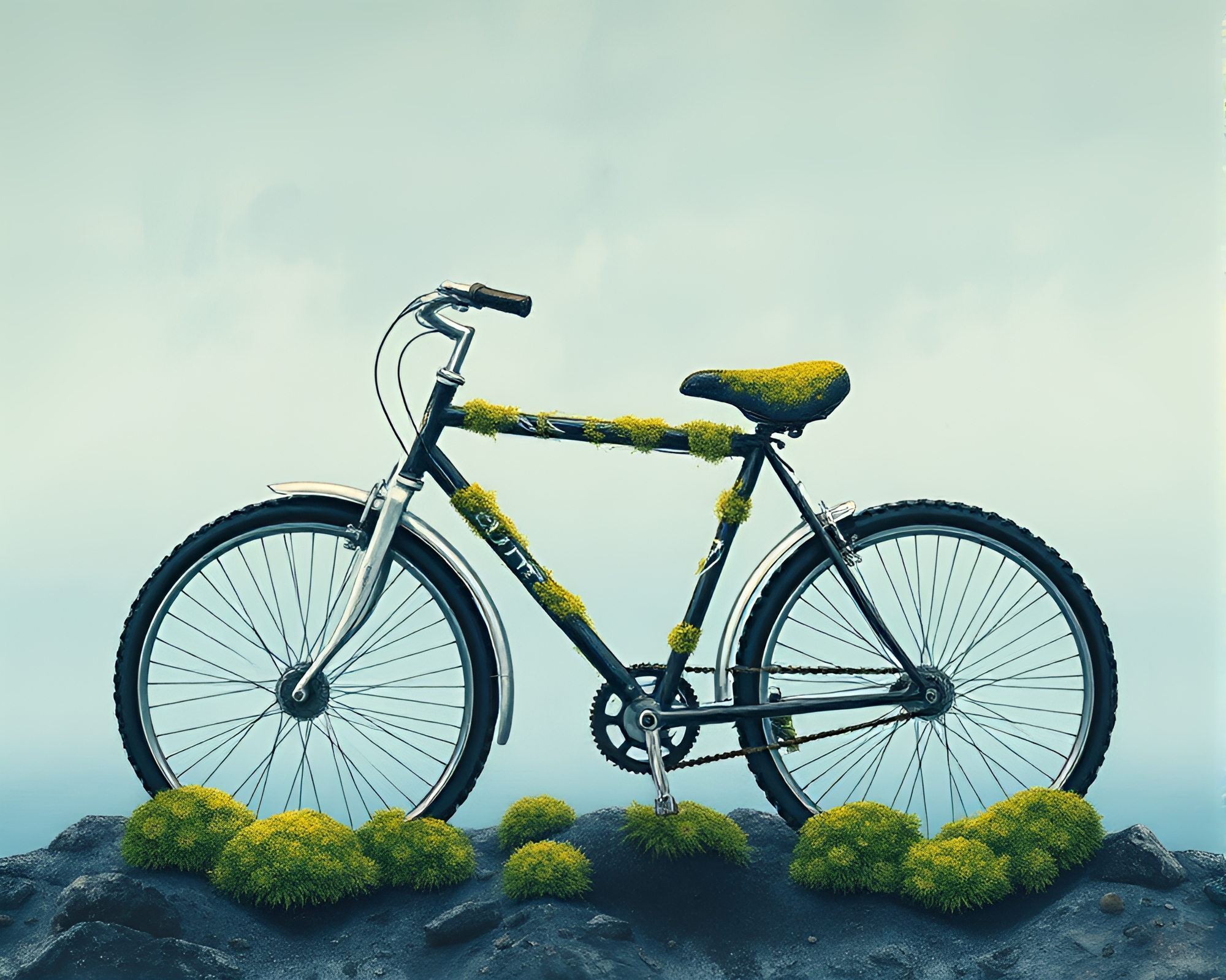Moss-Encrusted Bicycle by the Ocean Lithograph – free AI stock image