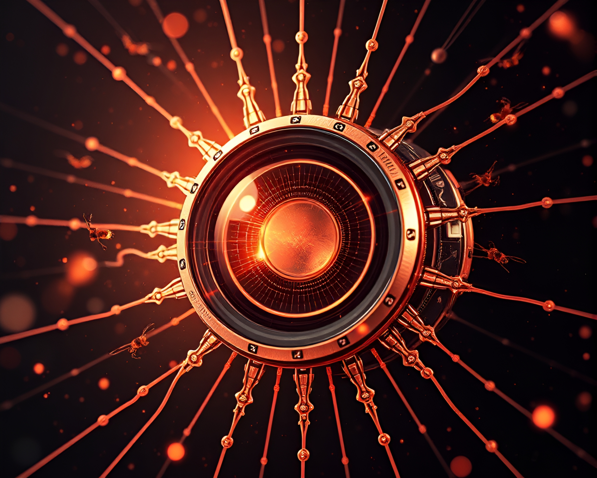 Nanobot Swarm Calligraphy Dance in Rose Gold Sunburst – free AI stock image