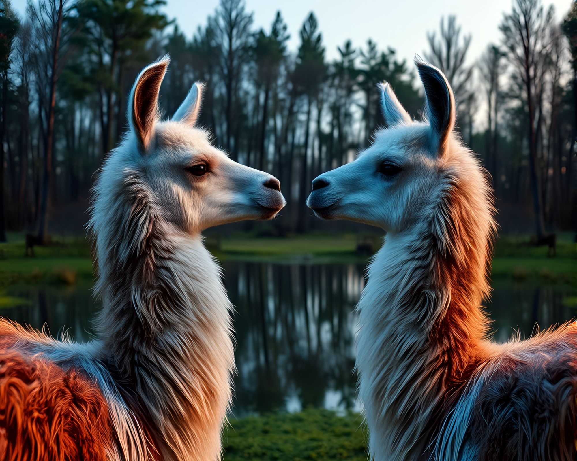 Mirror Symmetry Llama in Forest-Green Twilight – free AI stock image