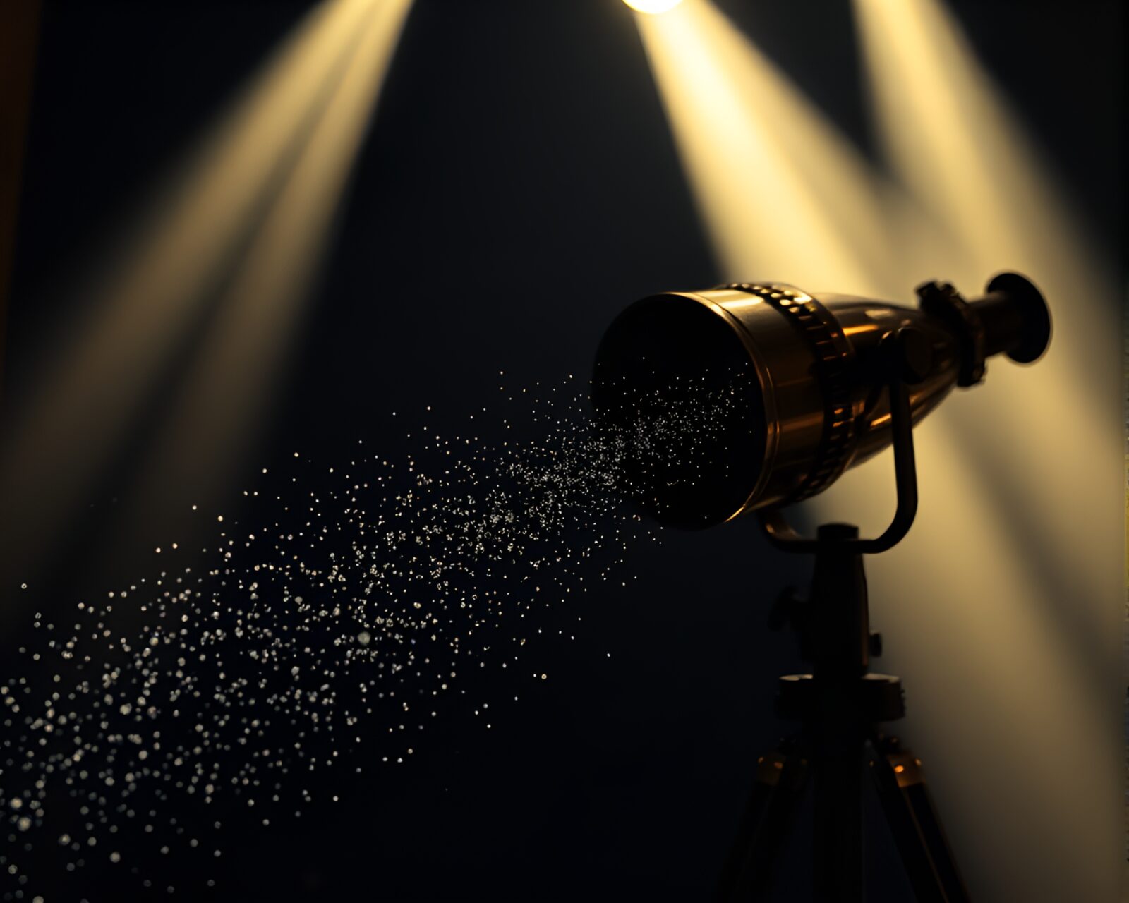 Retro telescope engulfed in colorful floating particles under stage spotlight