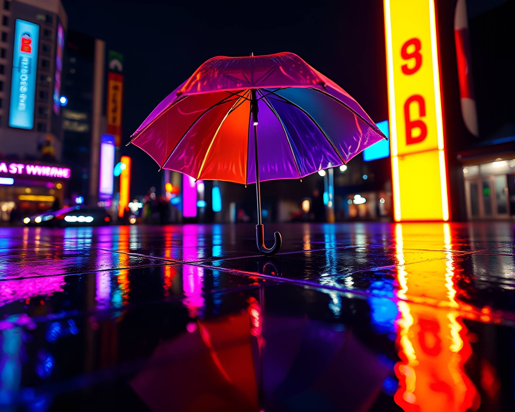 Neon-lit Umbrella Reflects Chrome in Bioluminescent Glow – free AI stock image