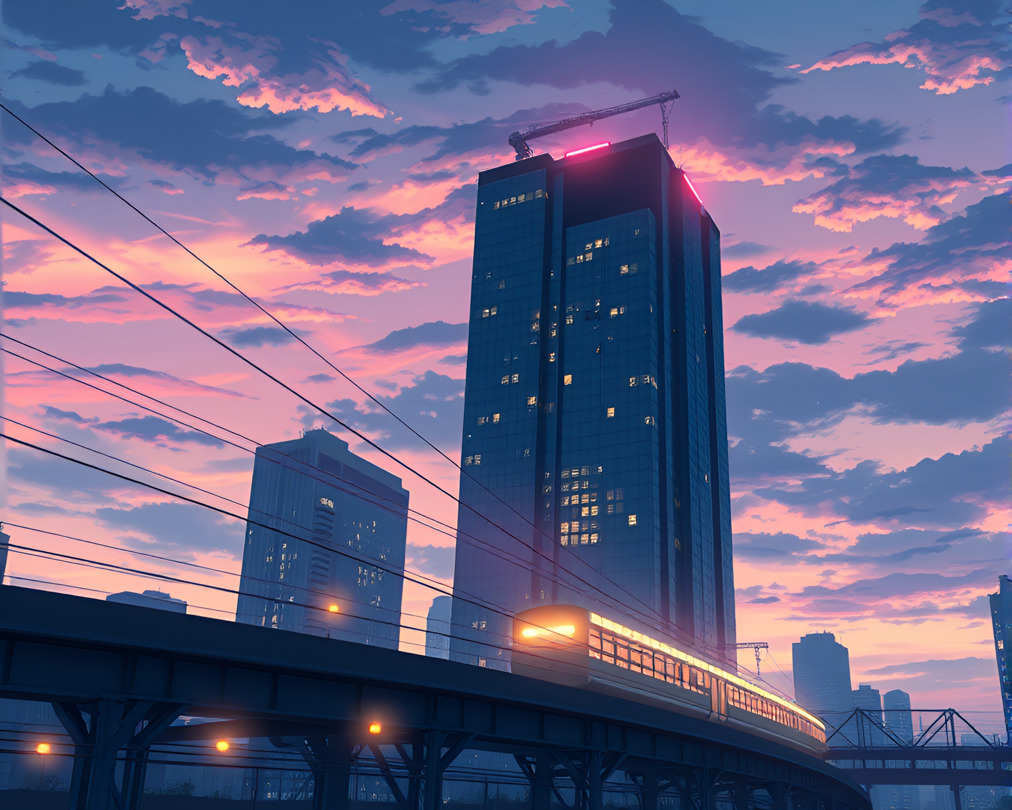 Anime Skyscraper Train Light Trails at Dawn – free AI stock image