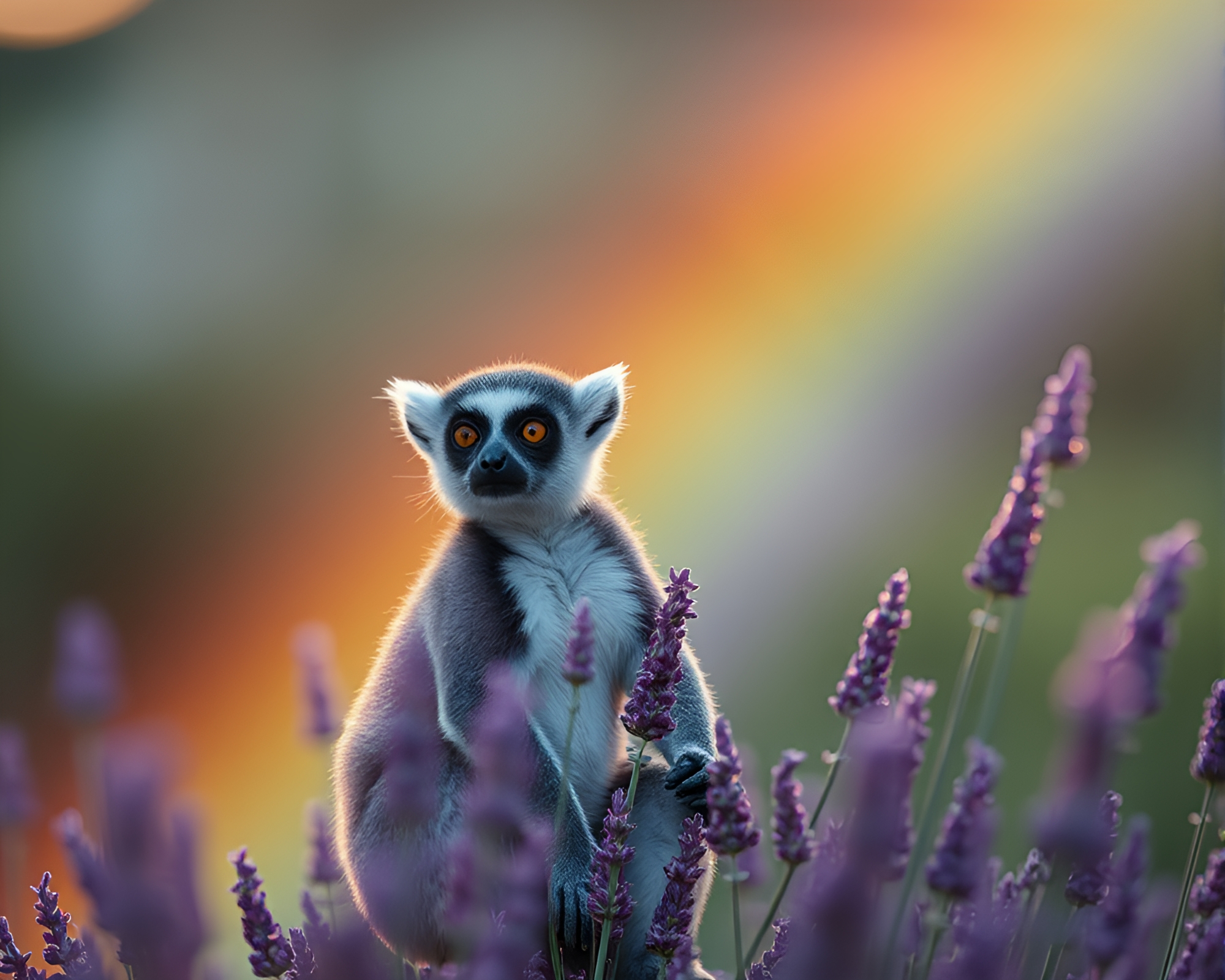 Lemur Silhouette in Lavender Twilight with Oil Slick Rainbow – free AI stock image