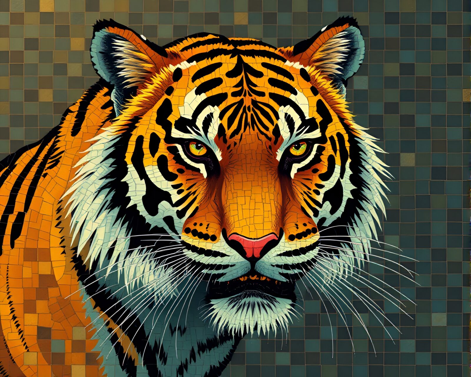 Illustrated tiger in tile mosaic with earth tone hues