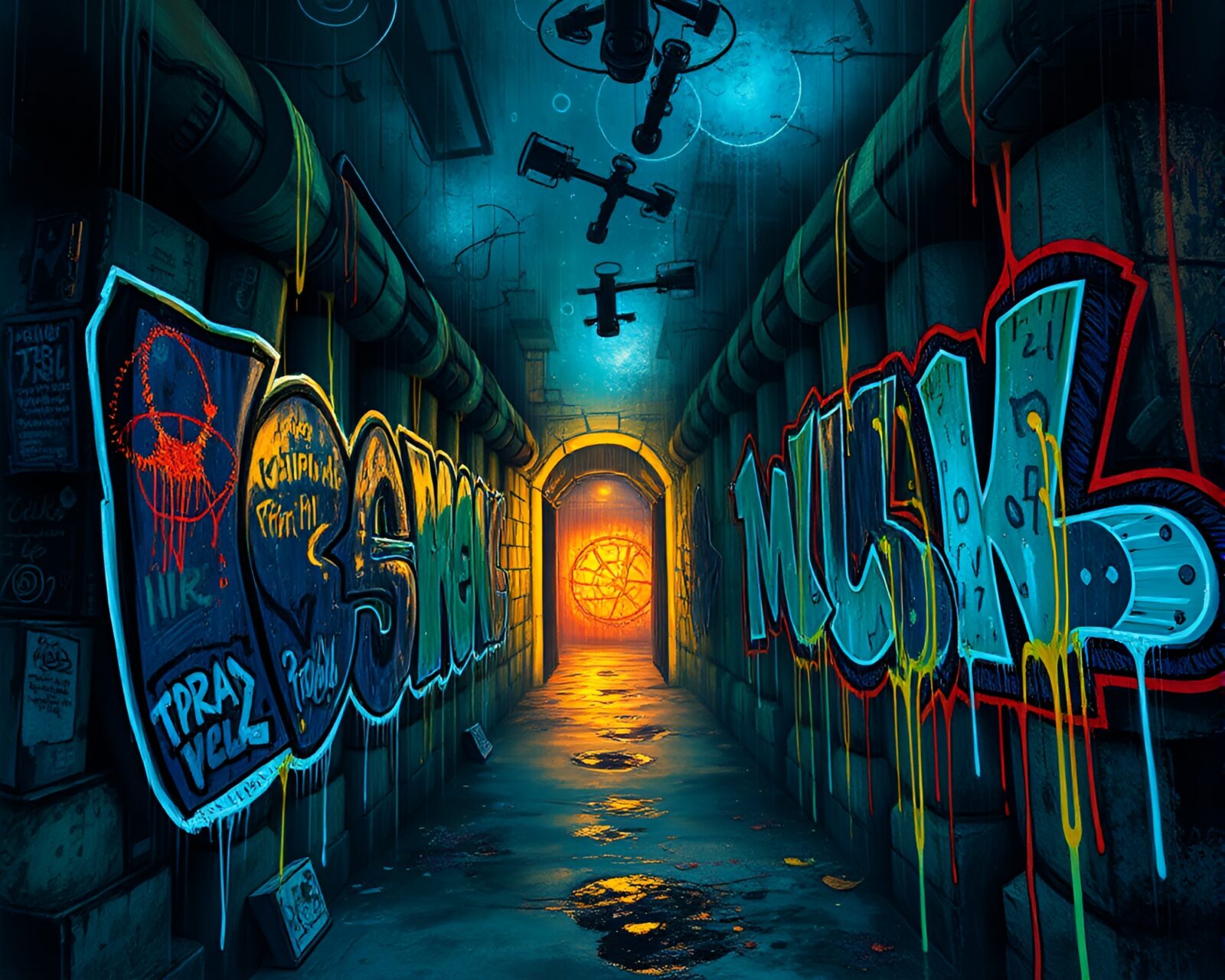 Abstract artwork of moving graffiti in dungeon torchlight