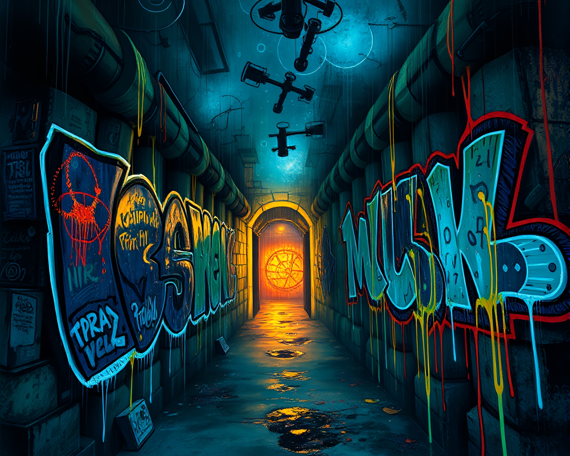Kinetic Graffiti Drips in Torchlit Parallel Dungeon – free AI stock image