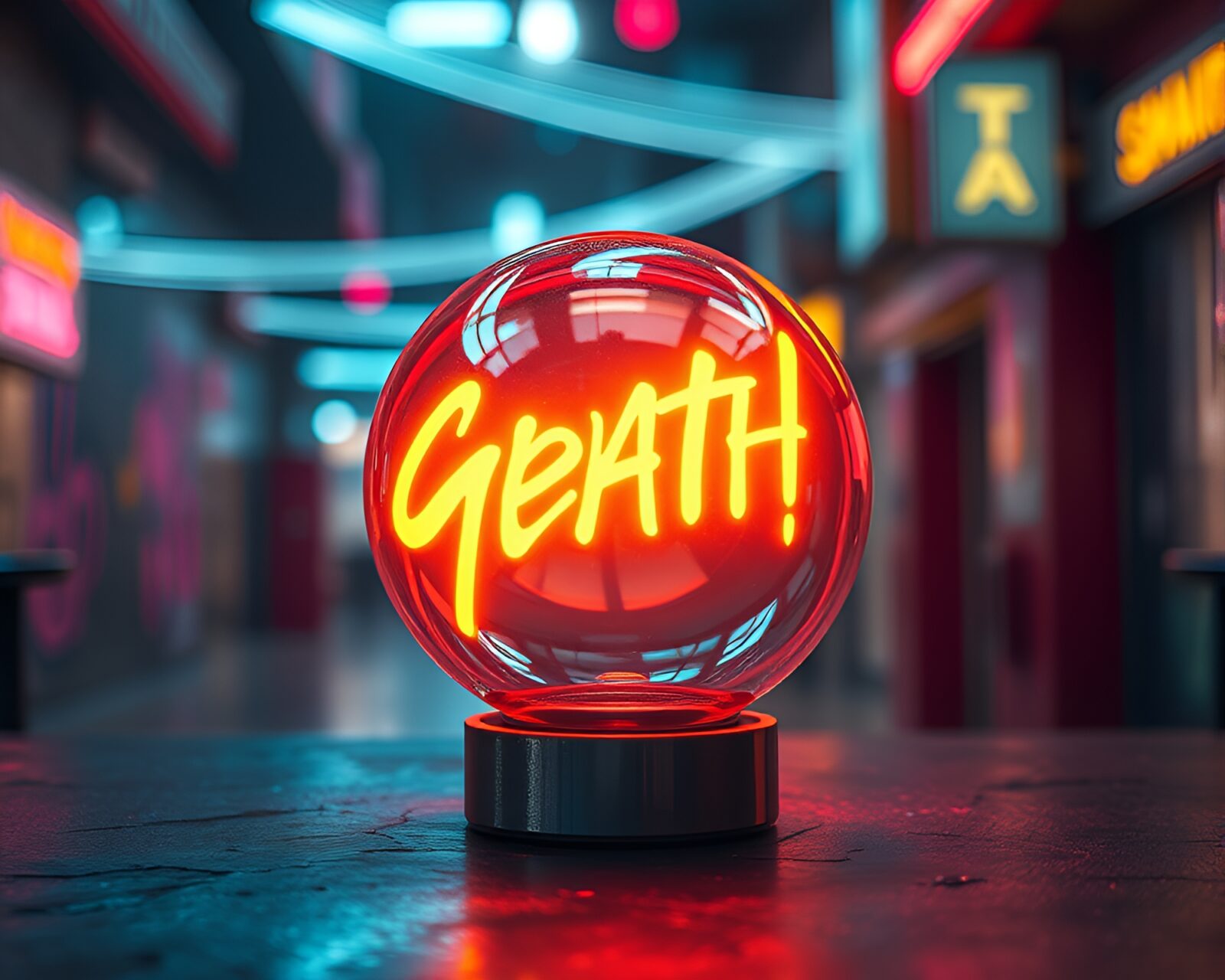 Futuristic neon-lit cityscape with glowing glass orb centerpiece