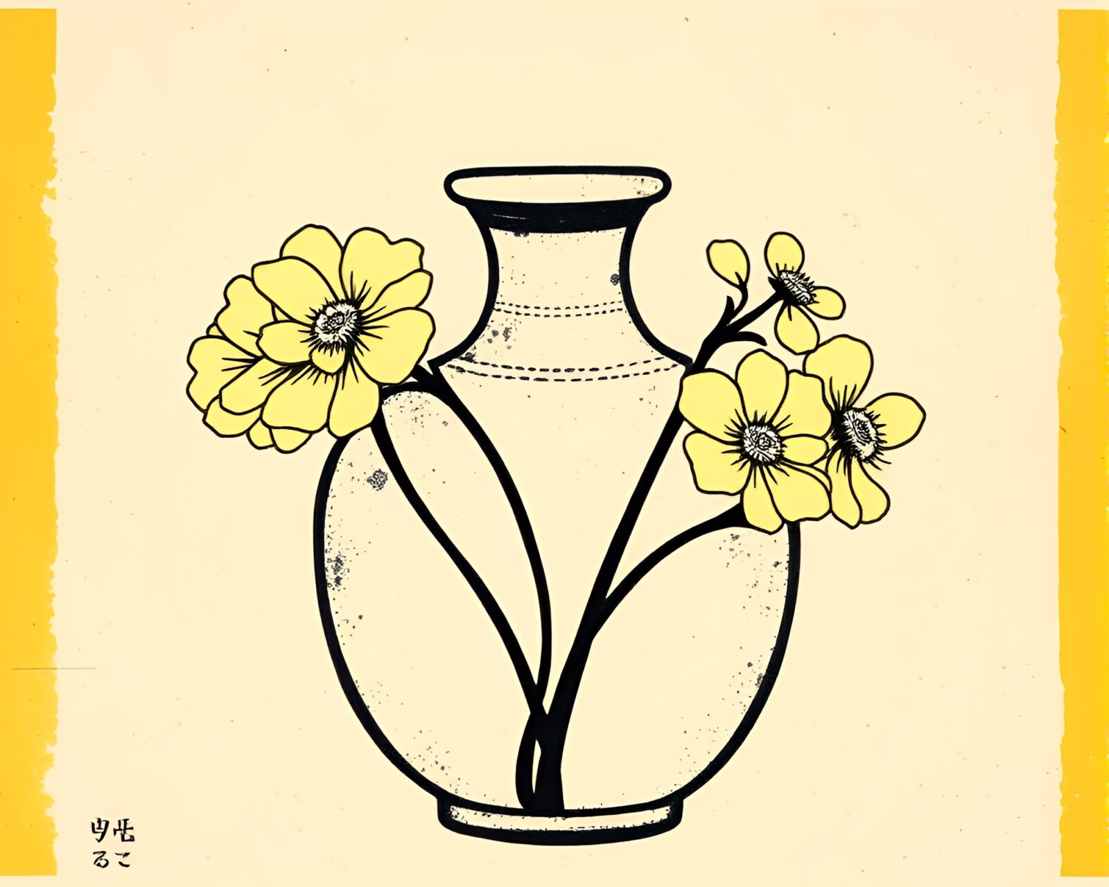 Woodblock marks create intricate details of a yellow vase