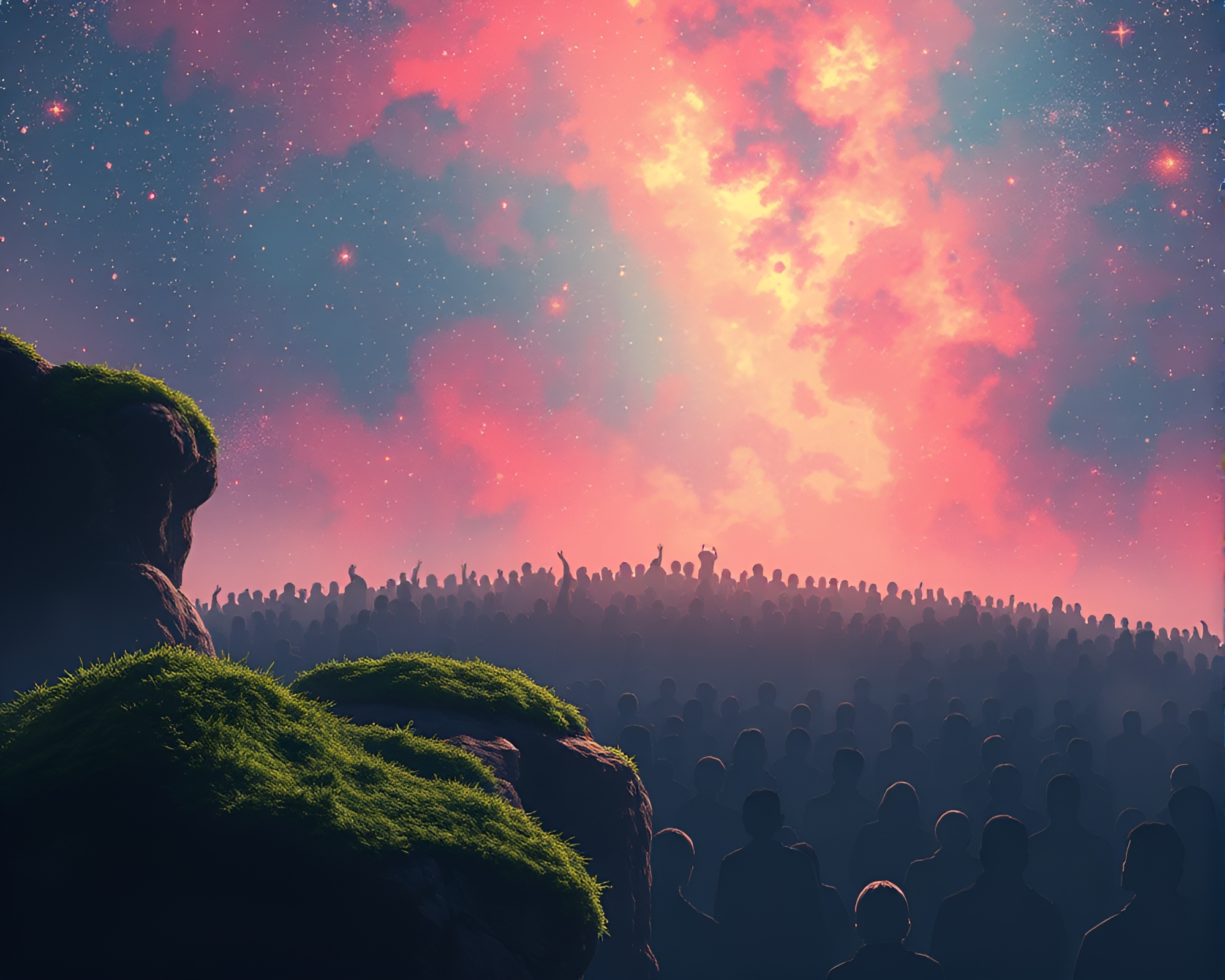 Anime Crowd Silhouette: Cosmic Rock Formation – free AI stock image