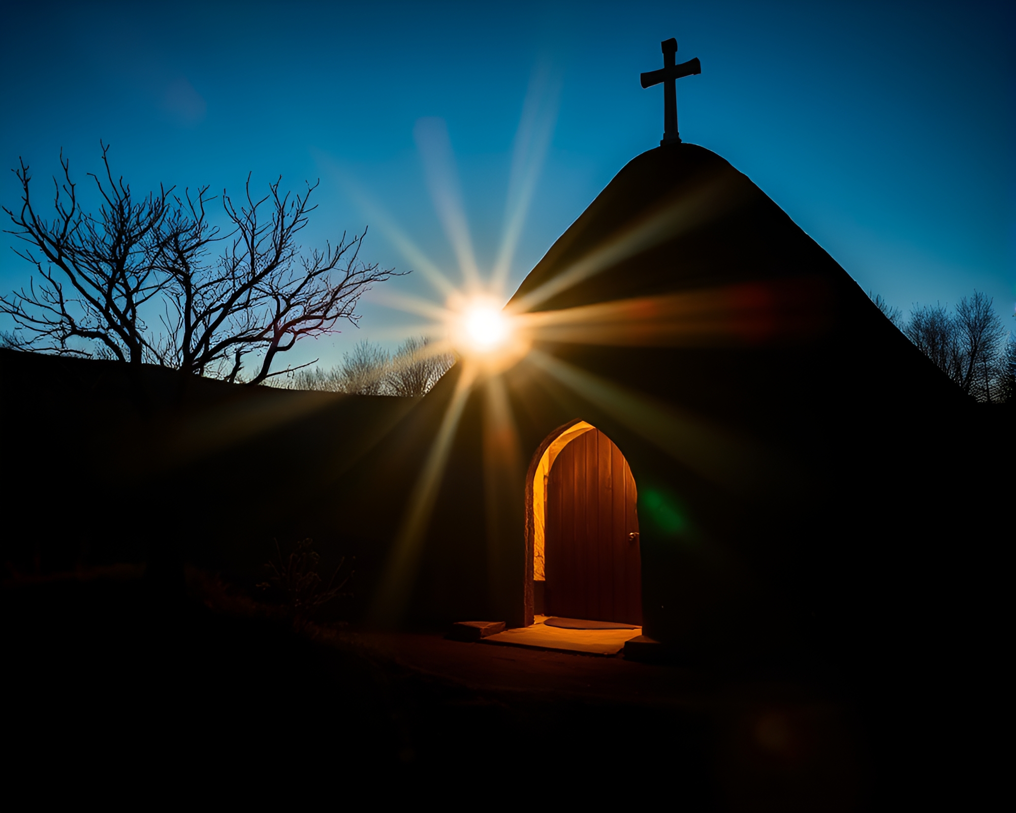 Golden Lens Flare Illuminating Mud Hut Study – free AI stock image