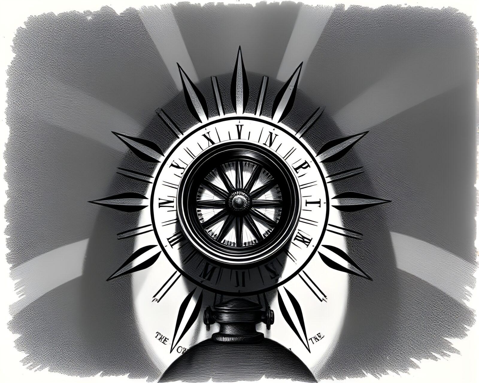 Mystical antique compass glowing in attic shadow with lens sunburst