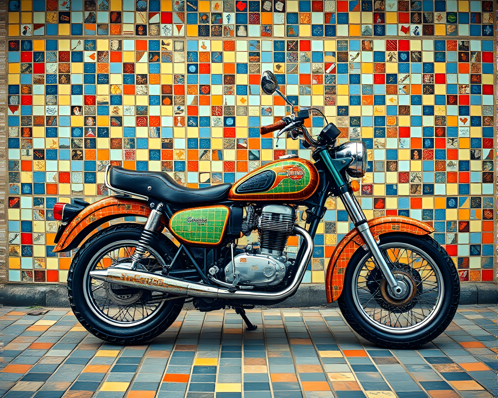 Vintage Motorcycle Mosaic with Retro Scanlines – free AI stock image