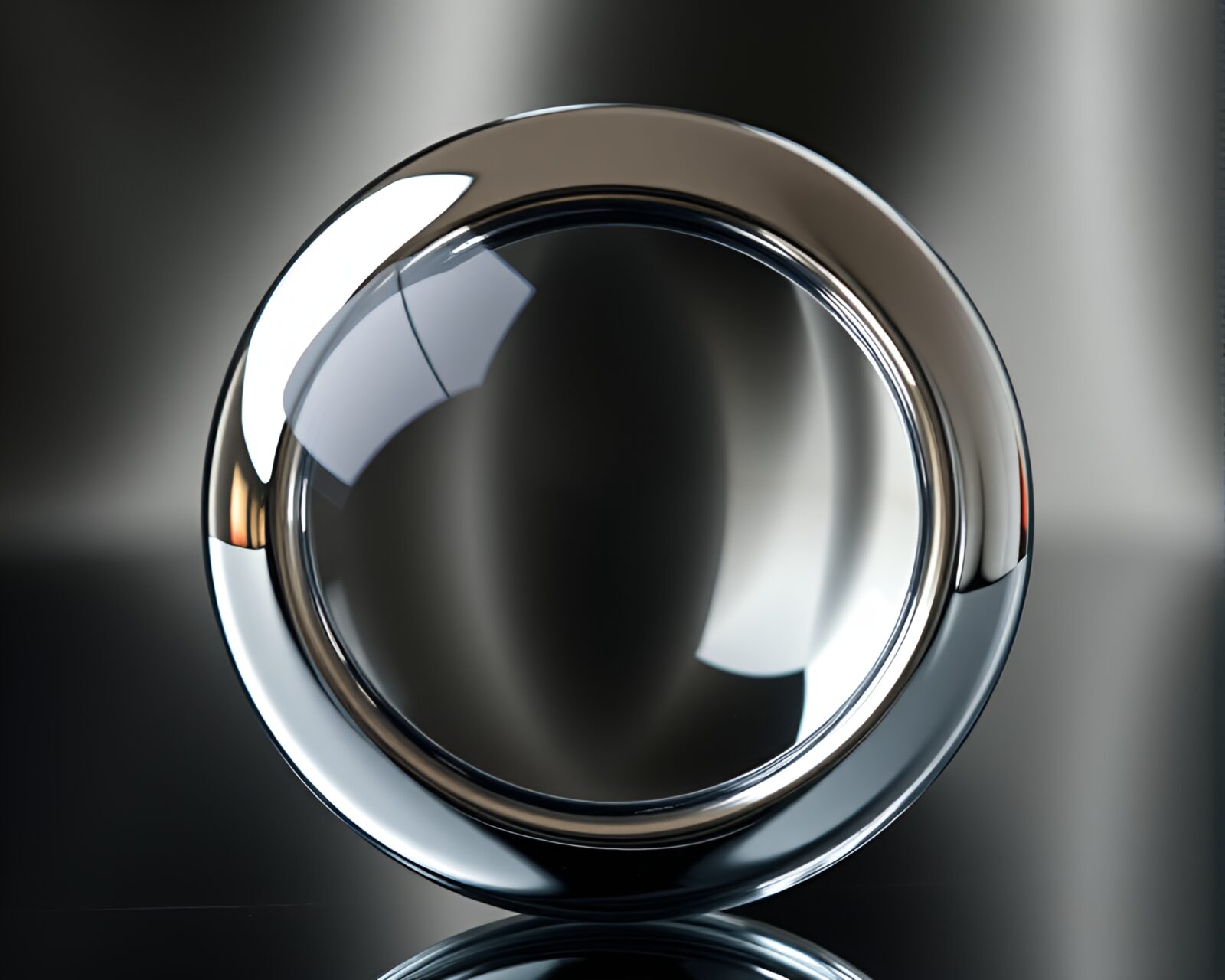An intricate stereoscopic chrome ring reflecting prisms in 3D.