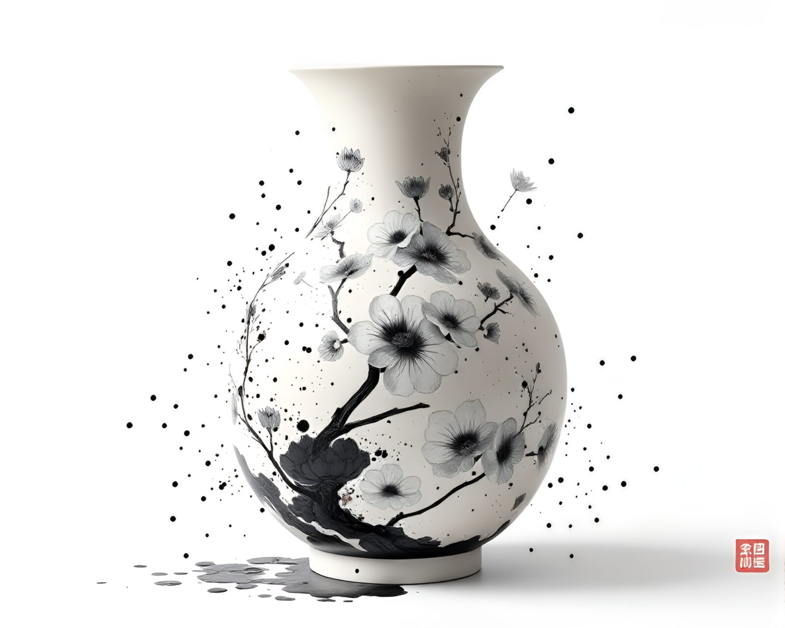 Elegant ivory vase surrounded by ink splashes in concept art